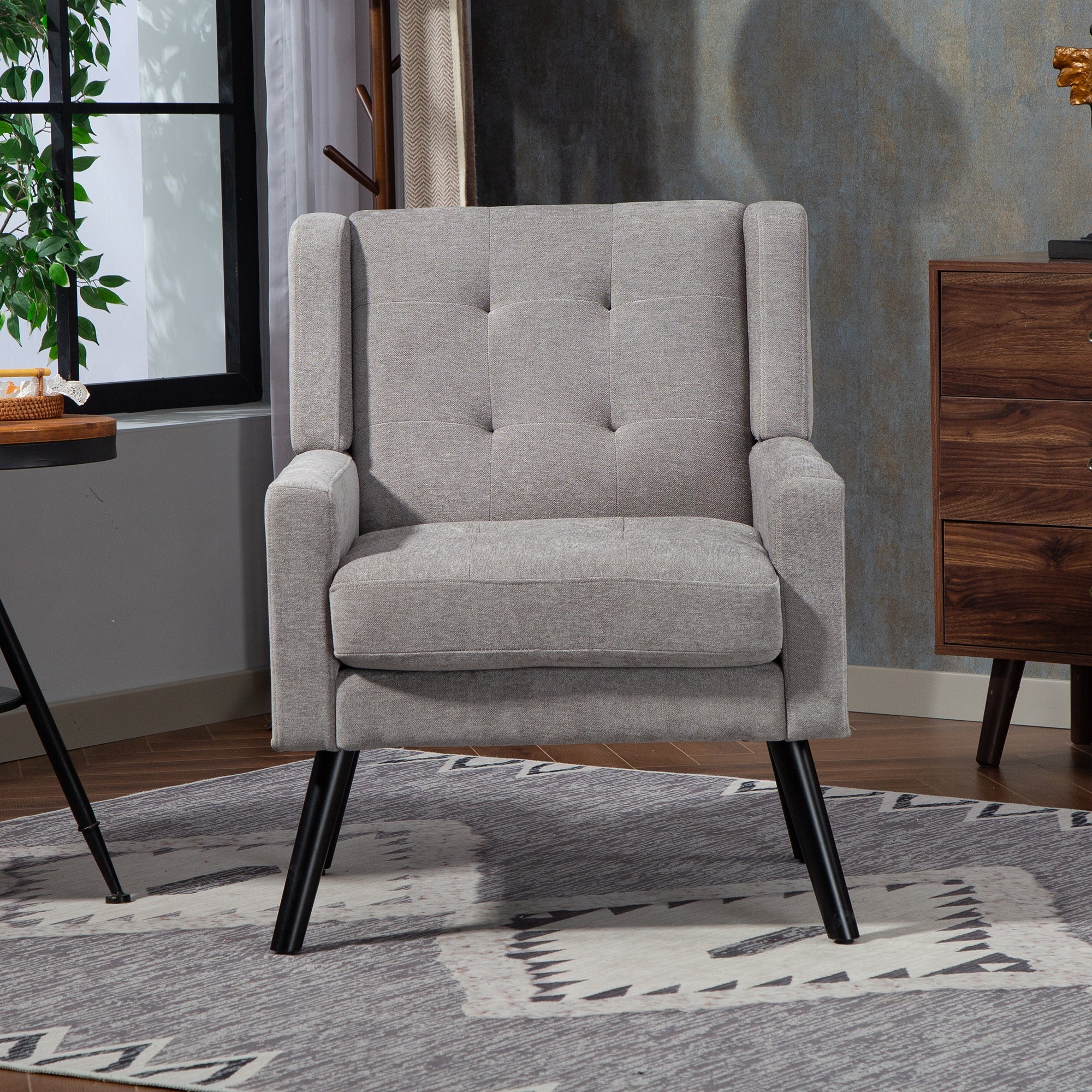 Mid-Century Modern Armchair with Buttoned Padding and Solid Wood Legs, Black Suede - Image 5
