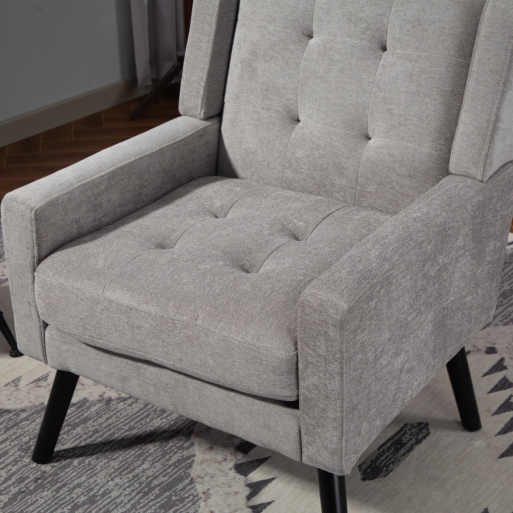 Mid-Century Modern Armchair with Buttoned Padding and Solid Wood Legs, Black Suede - Image 7