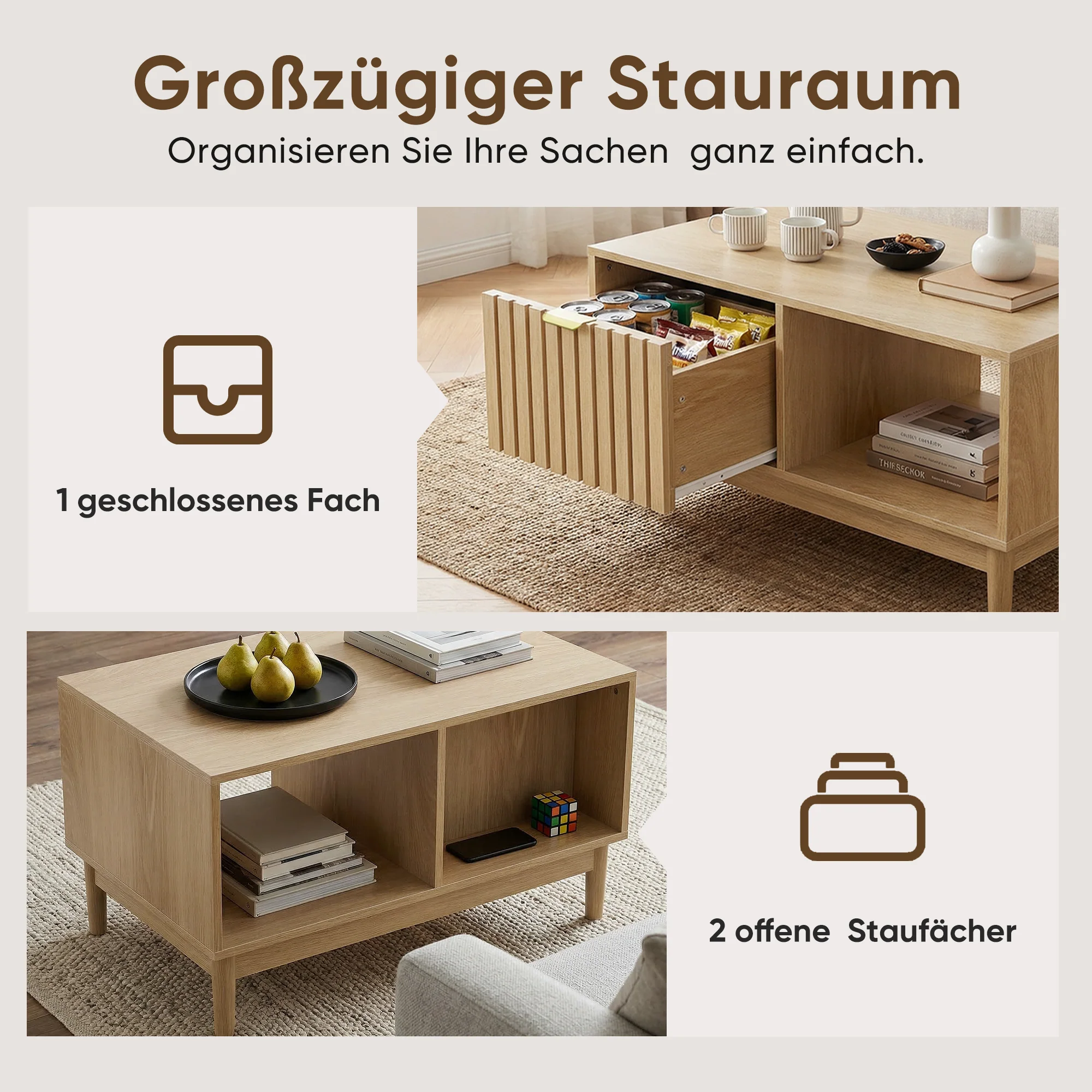 Mid-Century Modern Coffee Table with Drawer and Open Shelves, 80cm, Oak Color - Image 6