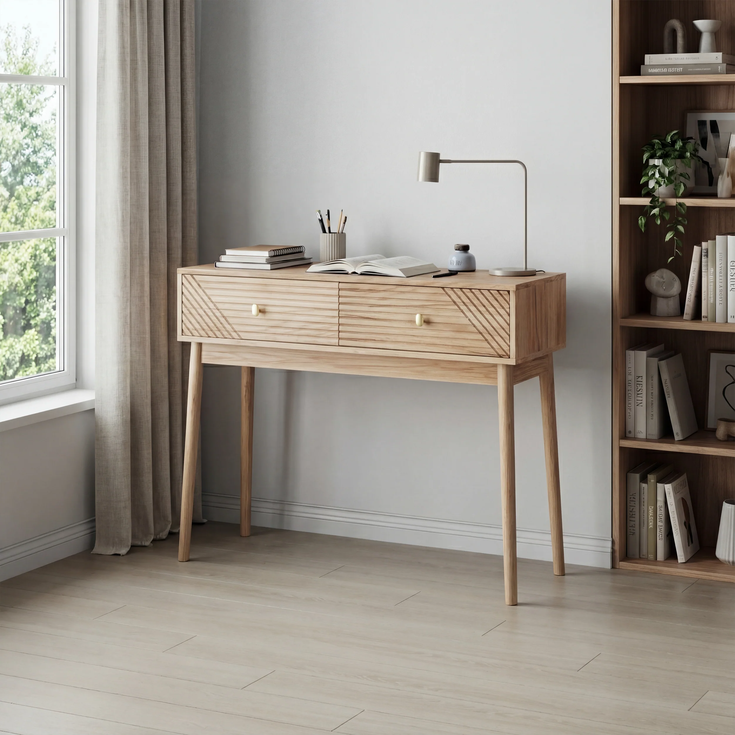 Mid-Century Modern Console Table with Drawers and Open Shelves, Oak Color