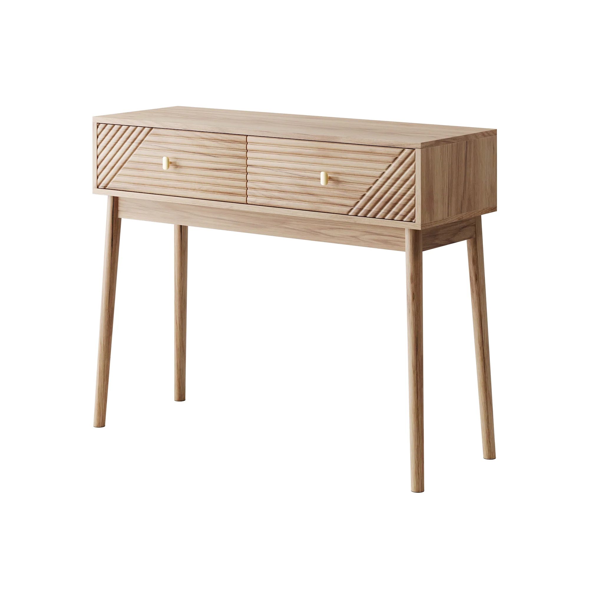 Mid-Century Modern Console Table with Drawers and Open Shelves, Oak Color - Image 10