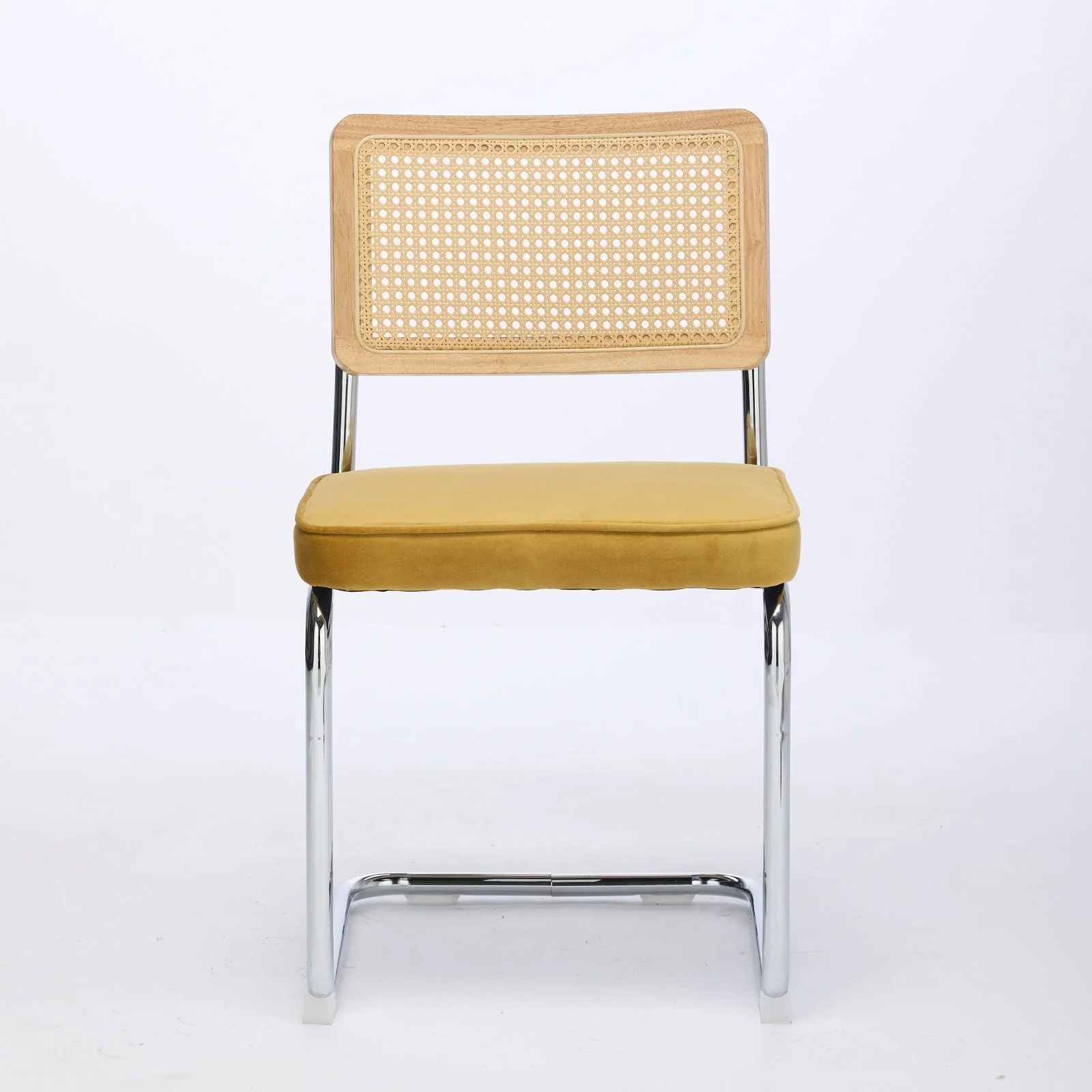 Mid Century Modern Dining Chairs Set of 2 - Velvet Cane Back Chrome Base - Golden Color - Image 2
