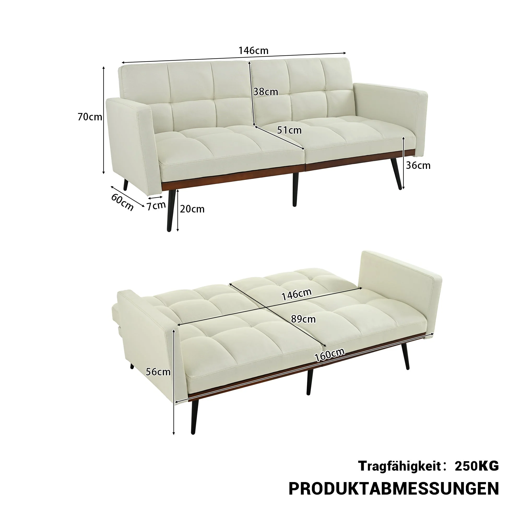 Mid-century Modern Futon Sofa 146cm 5-Position Adjustable Backrest - Linen Mix Beige - Image 3