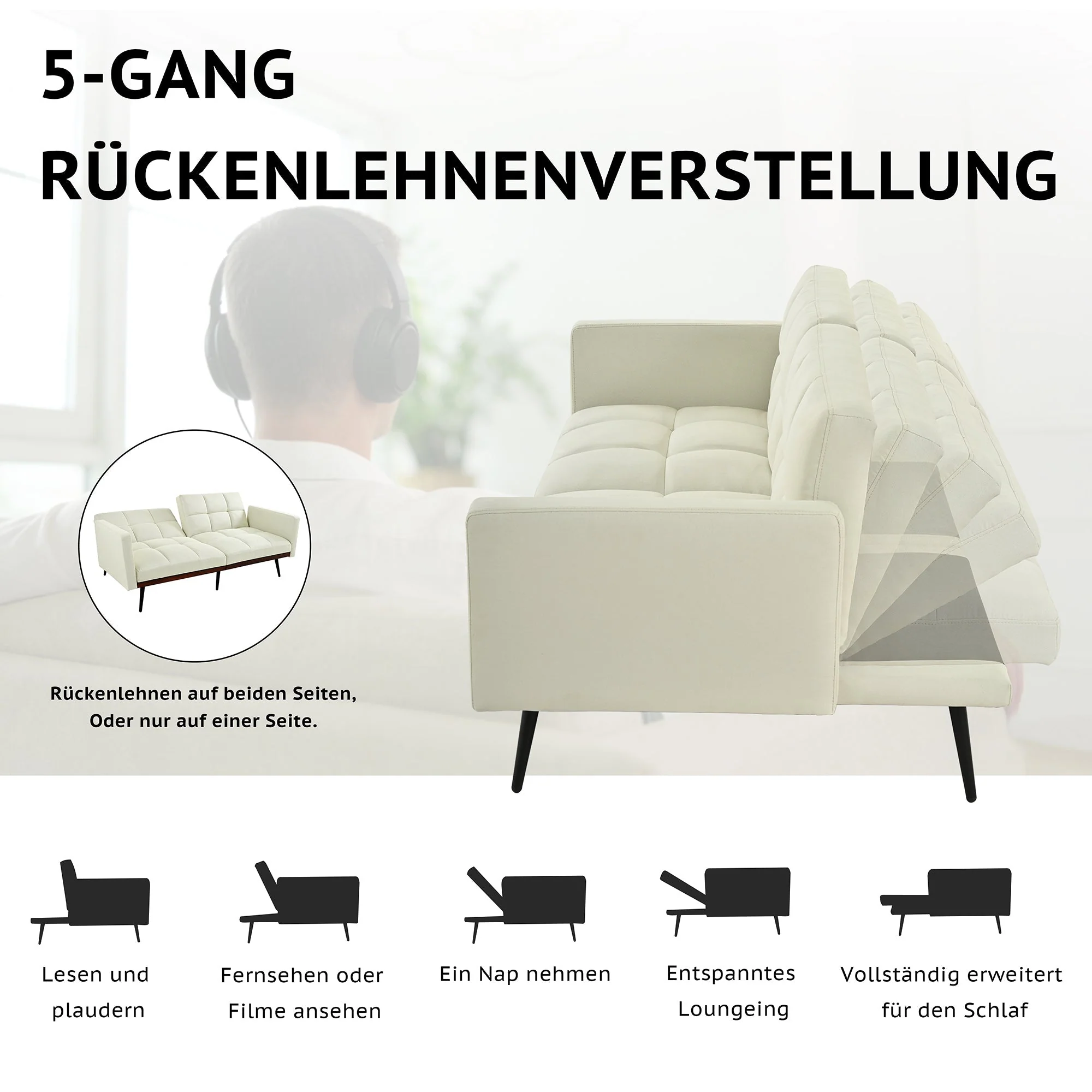Mid-century Modern Futon Sofa 146cm 5-Position Adjustable Backrest - Linen Mix Beige - Image 4