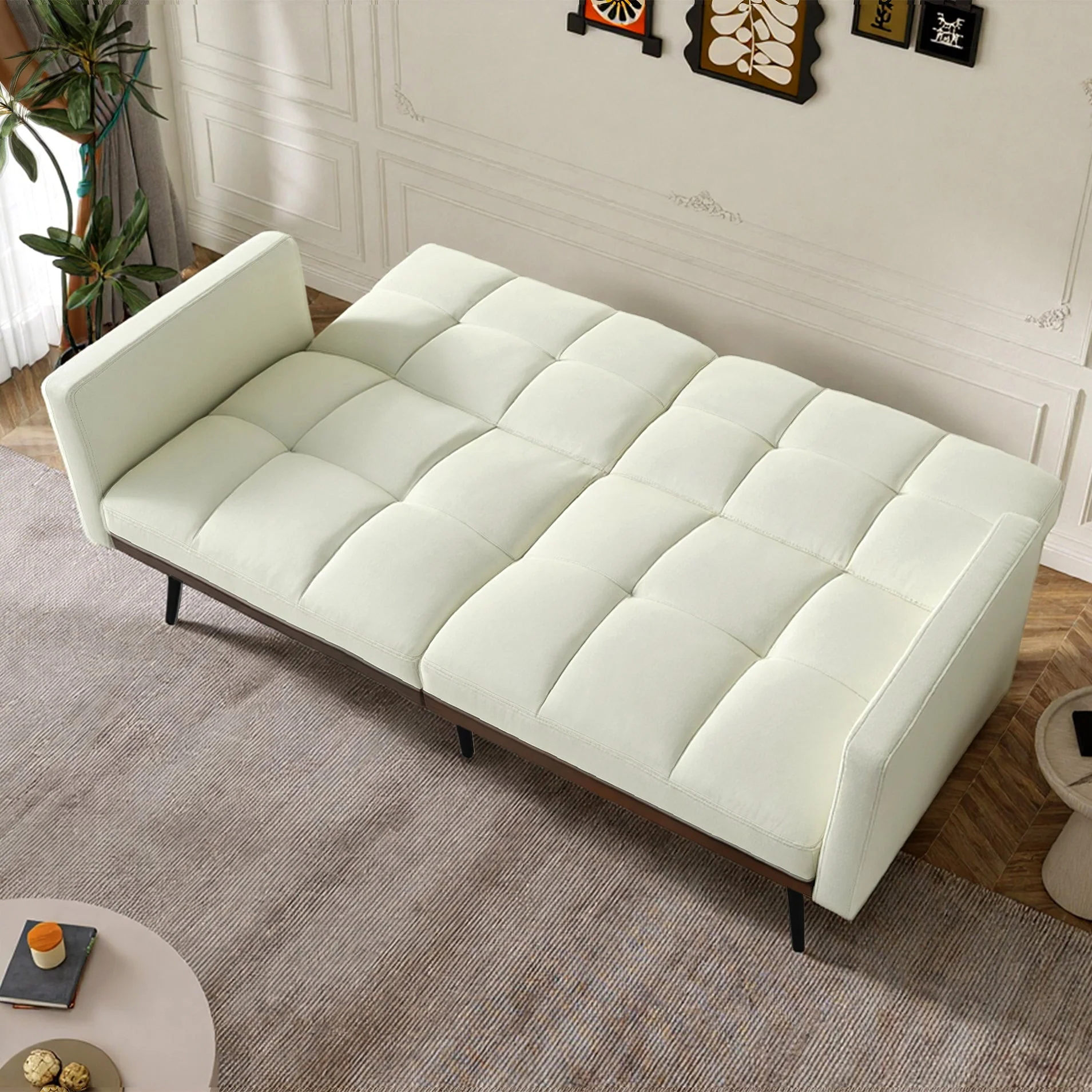 Mid-century Modern Futon Sofa 146cm 5-Position Adjustable Backrest - Linen Mix Beige - Image 5