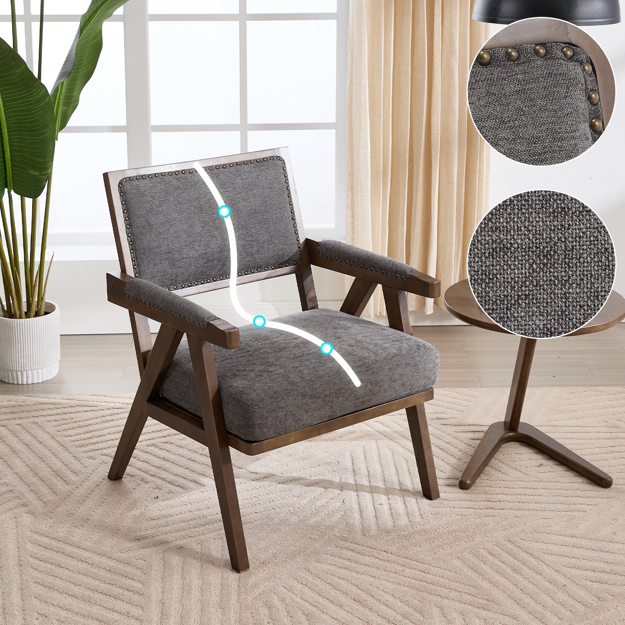 Mid-century Modern Lounge Chair, Single Armchair with Wooden Frame, Fabric