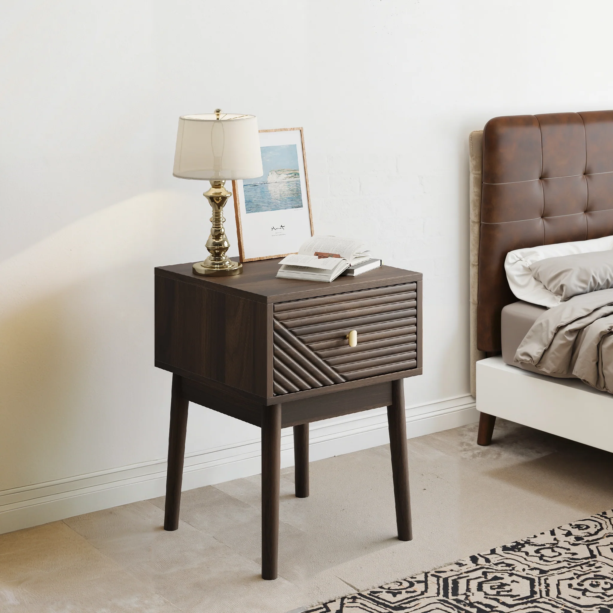 Mid-Century Modern Nightstand 2-Piece Set with Metal Handles - Walnut - Image 3