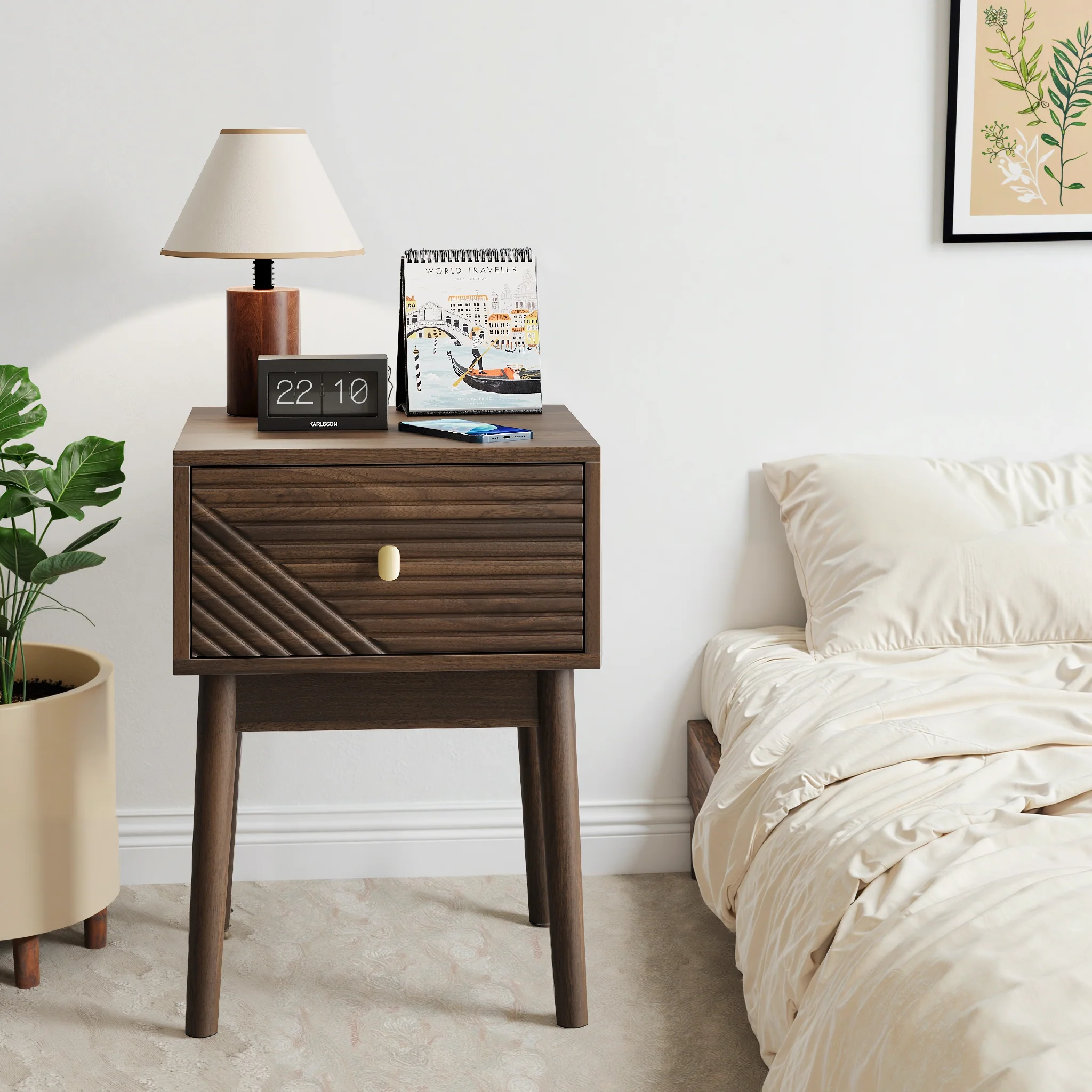 Mid-Century Modern Nightstand 2-Piece Set with Metal Handles - Walnut - Image 4