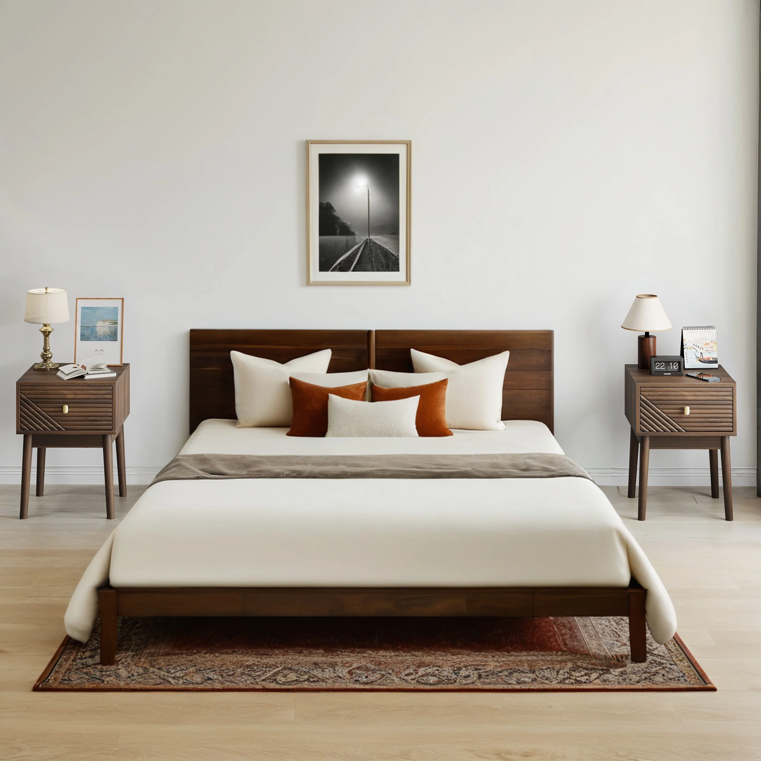 Mid-Century Modern Nightstand 2-Piece Set with Metal Handles - Walnut - Image 6
