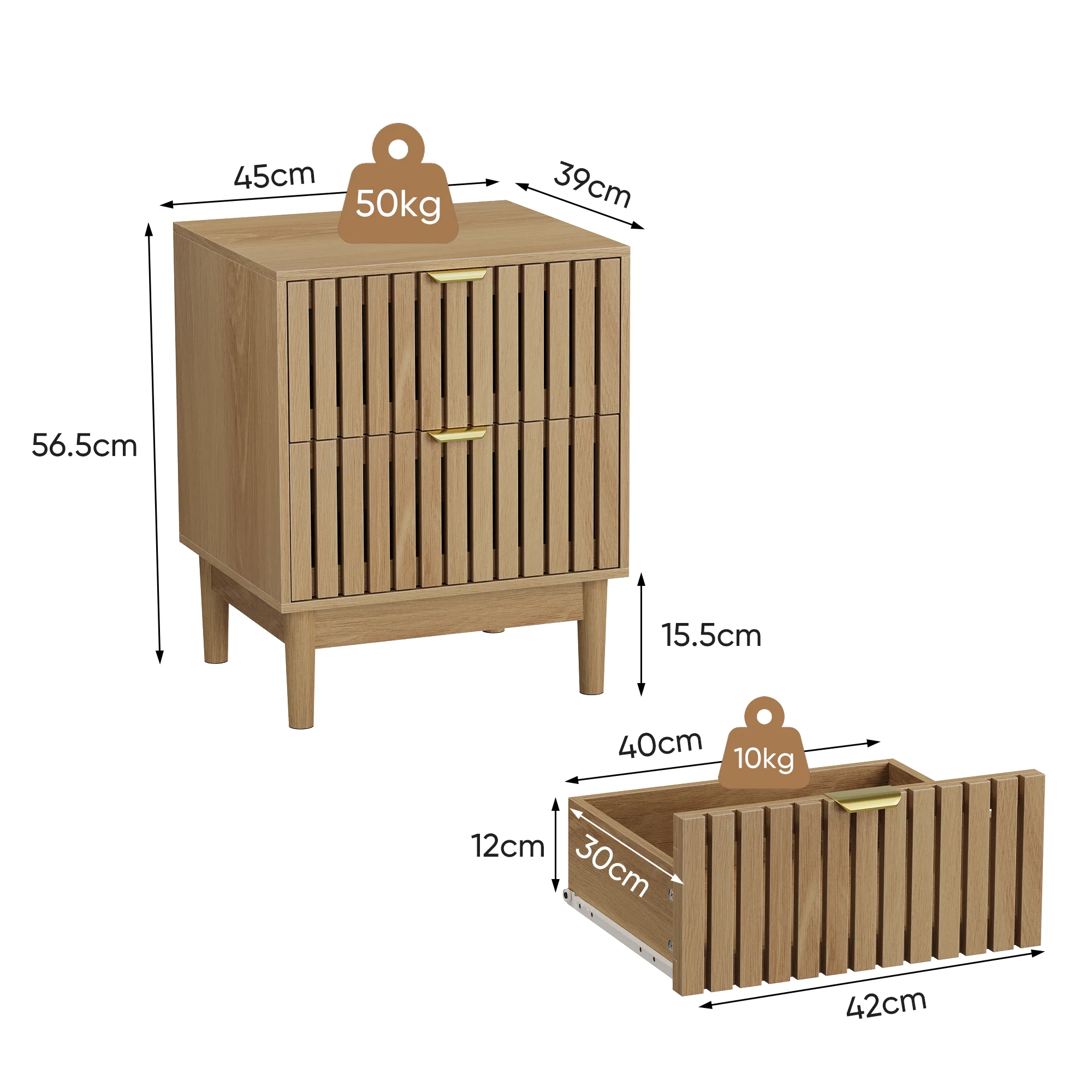 Mid-Century Modern Nightstand with 2 Drawers and Slatted Design, 45 x 39 x 56.5 cm, Oak-Colored Wood - Image 2