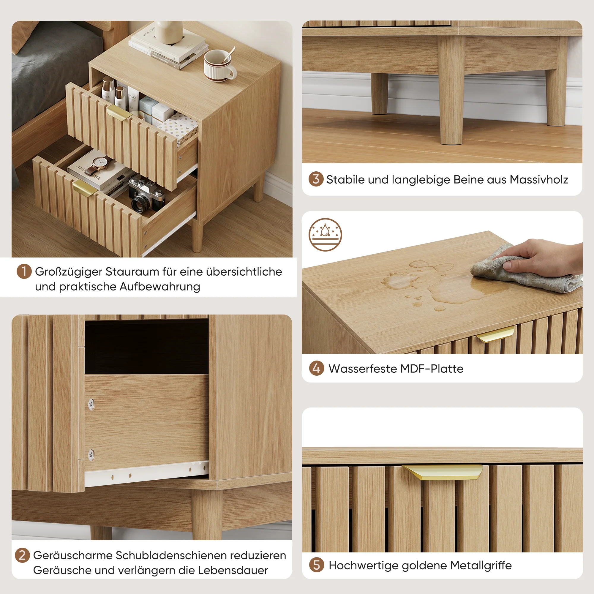 Mid-Century Modern Nightstand with 2 Drawers and Slatted Design, 45 x 39 x 56.5 cm, Oak-Colored Wood - Image 6