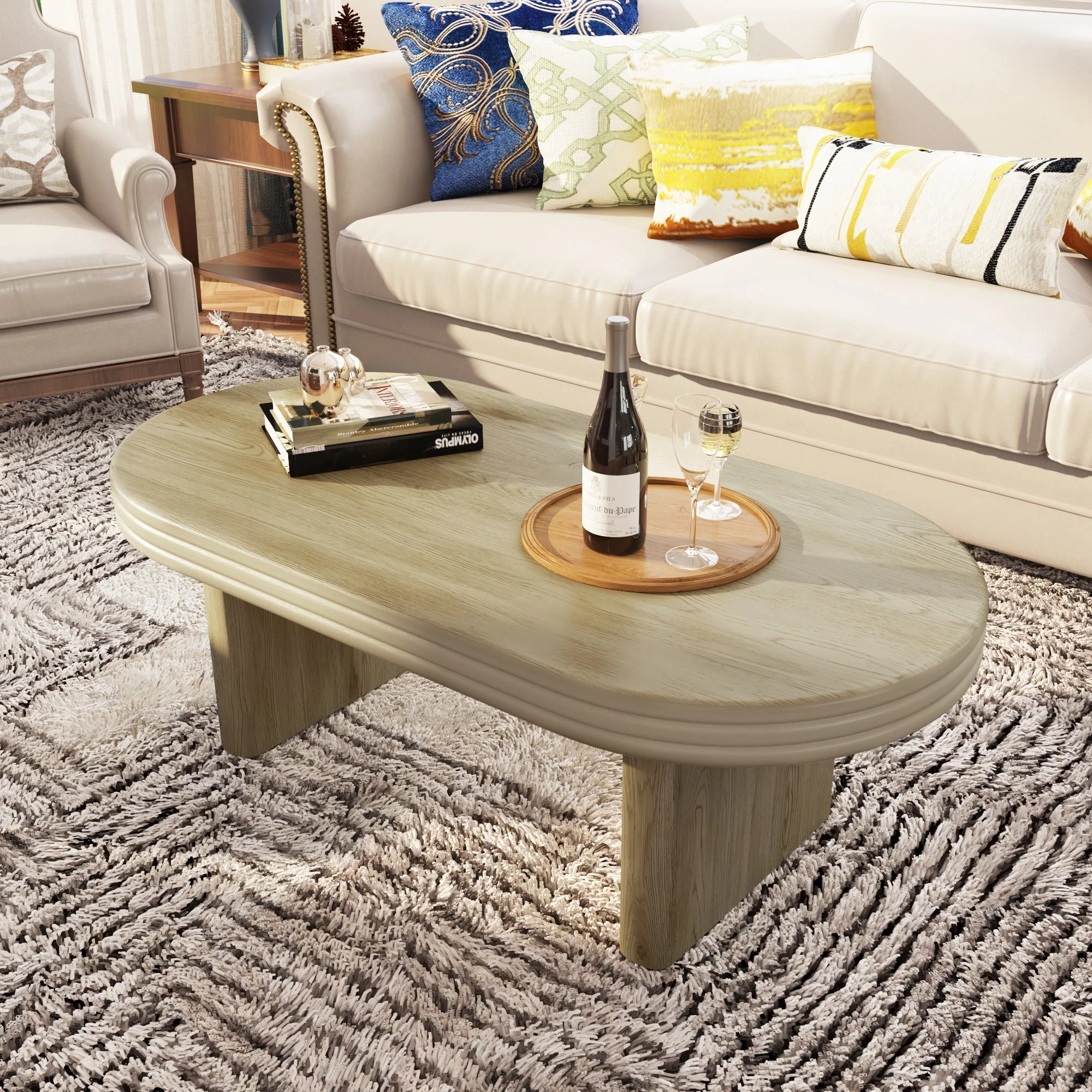 Mid Century Modern Oval Fluted Coffee Table Rustic Wood 120cm - Natural - Image 5