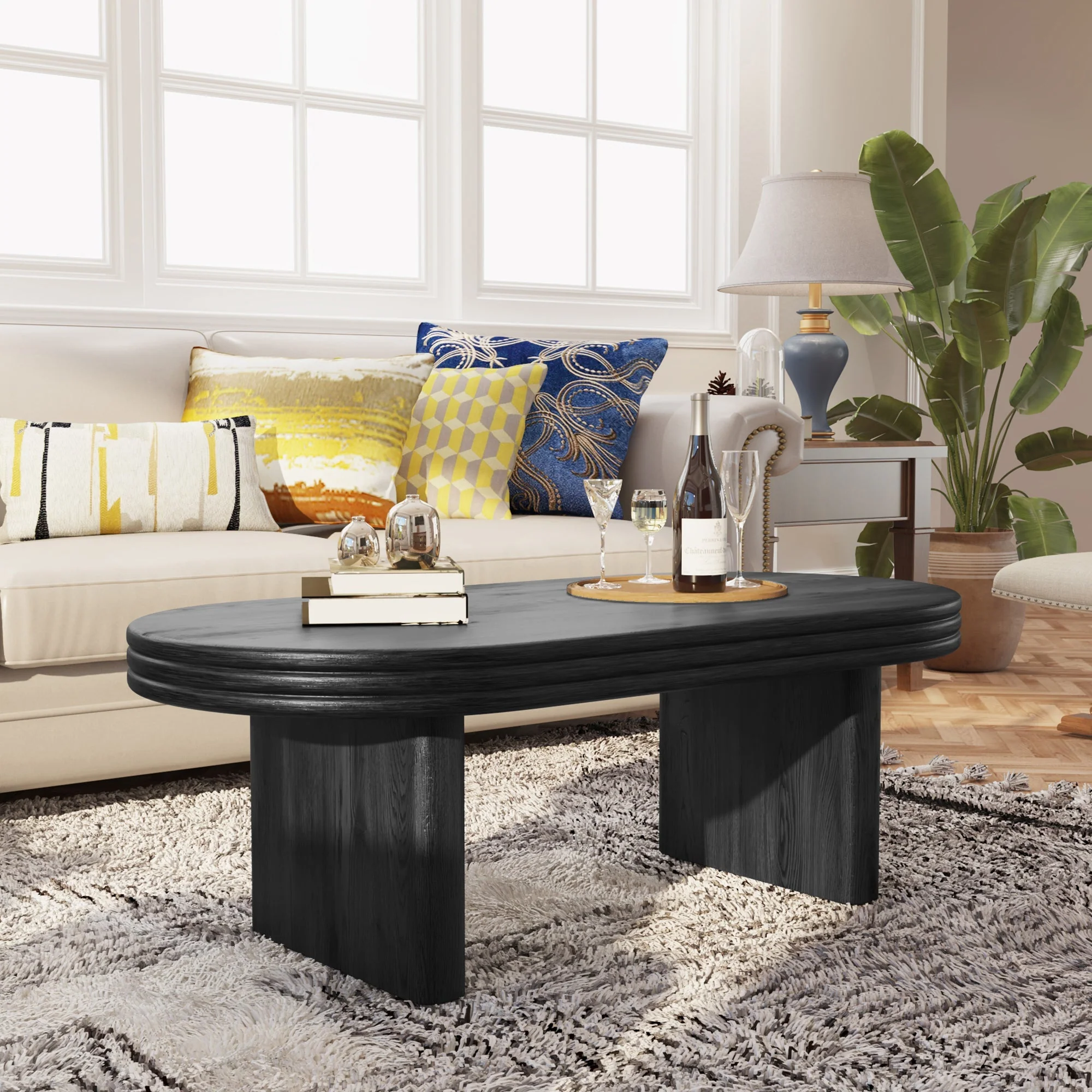 Mid Century Modern Oval Fluted Coffee Table Rustic Wood - Black - Image 4