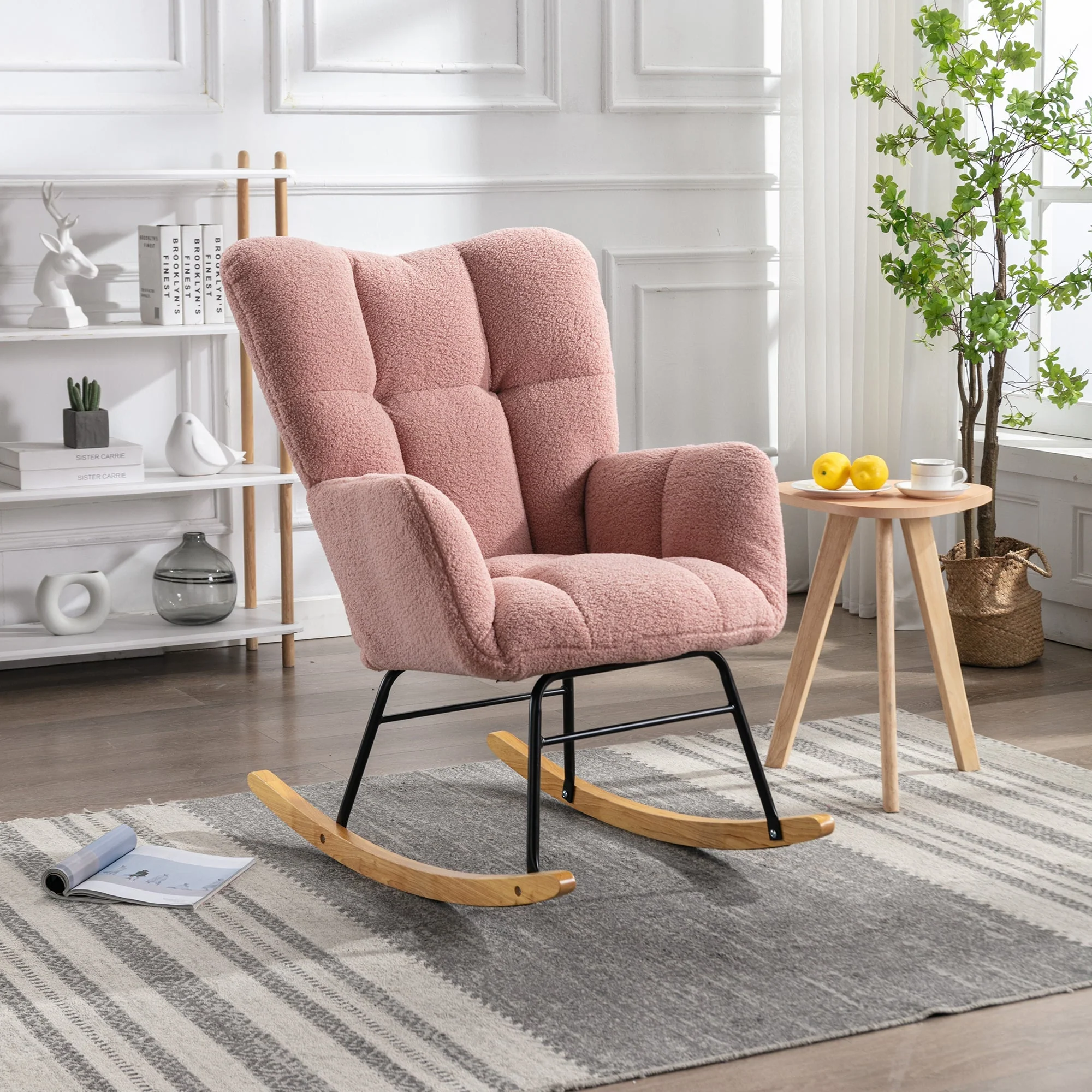 Mid Century Modern Rocking Chair, Tufted Teddy Fabric, Padded Seat, Pink