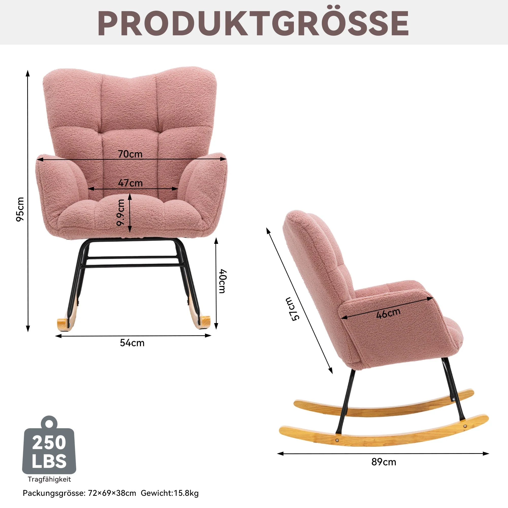 Mid Century Modern Rocking Chair, Tufted Teddy Fabric, Padded Seat, Pink - Image 5