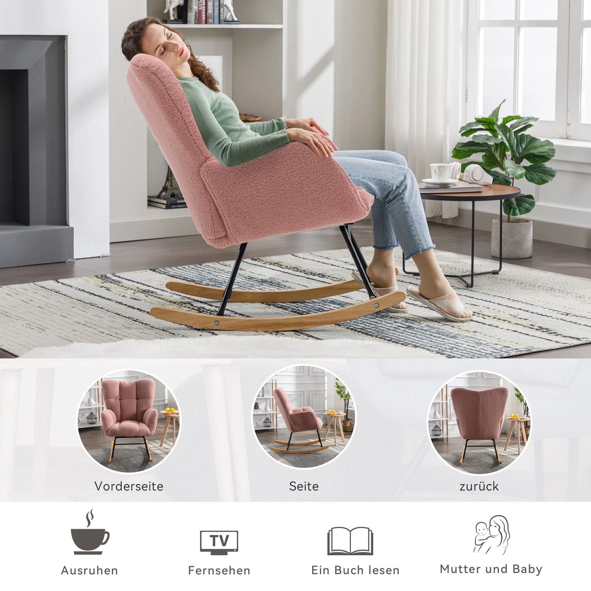 Mid Century Modern Rocking Chair, Tufted Teddy Fabric, Padded Seat, Pink - Image 6