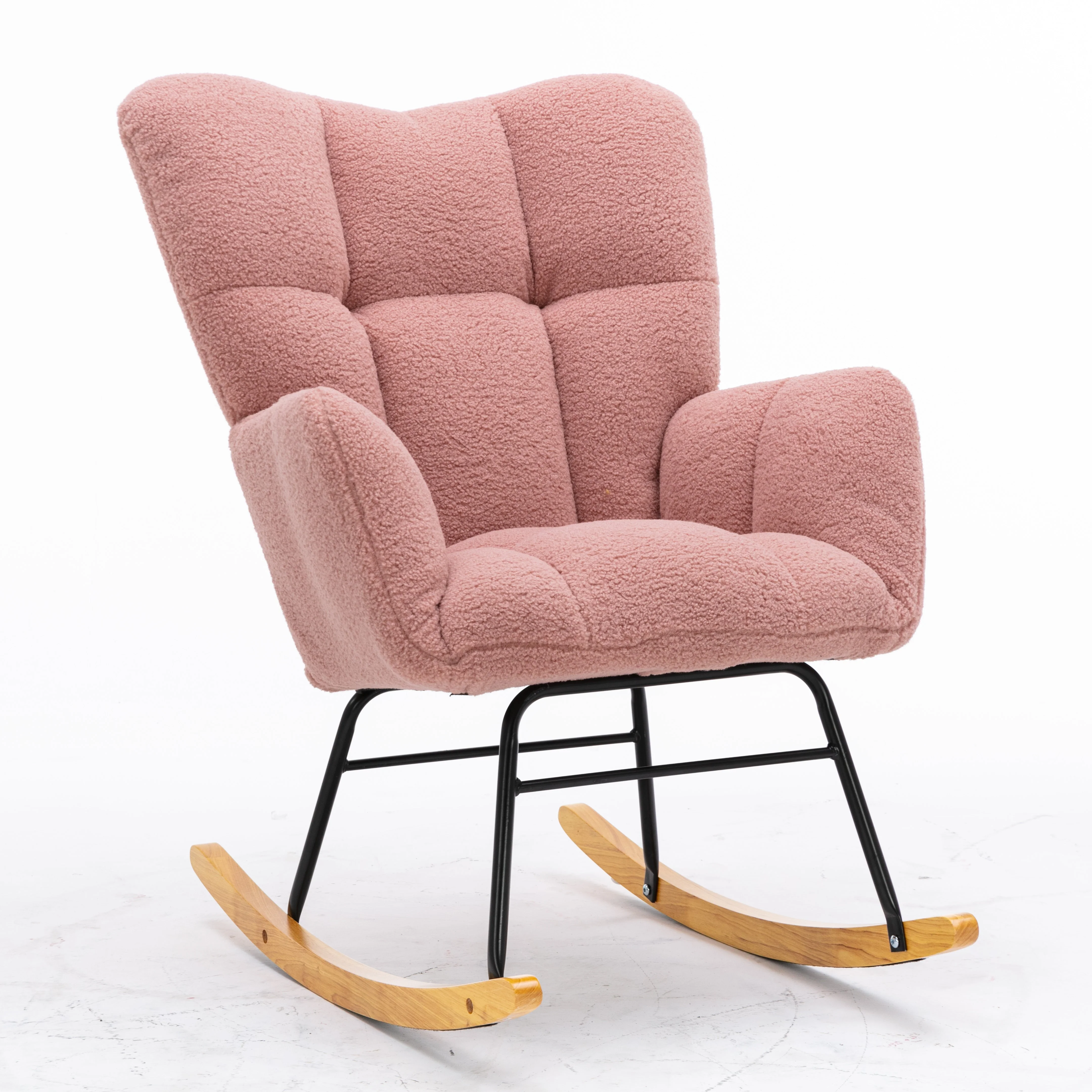 Mid Century Modern Rocking Chair, Tufted Teddy Fabric, Padded Seat, Pink - Image 9