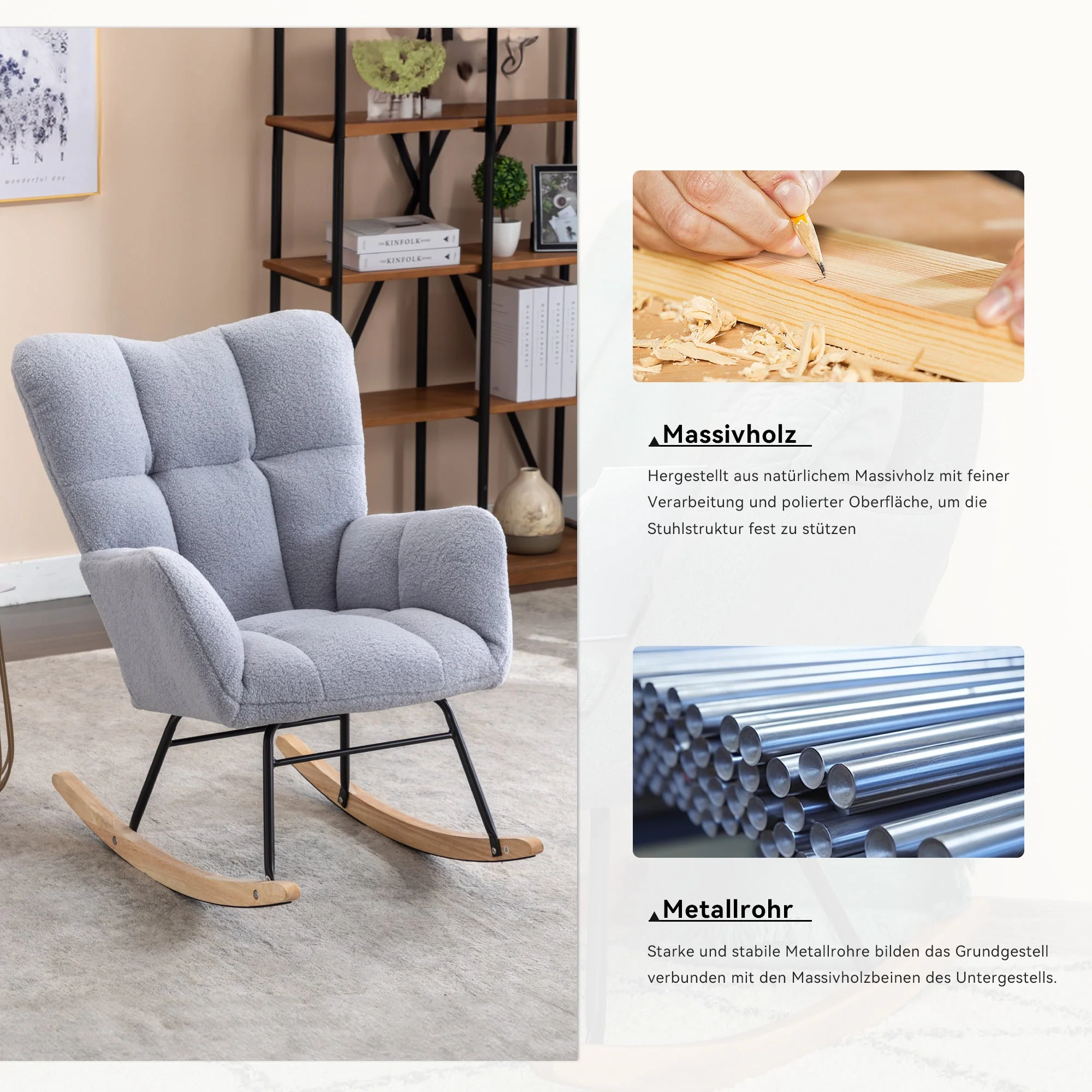 Mid century modern rocking chair with tufted cover and padded seat, light grey - Image 2