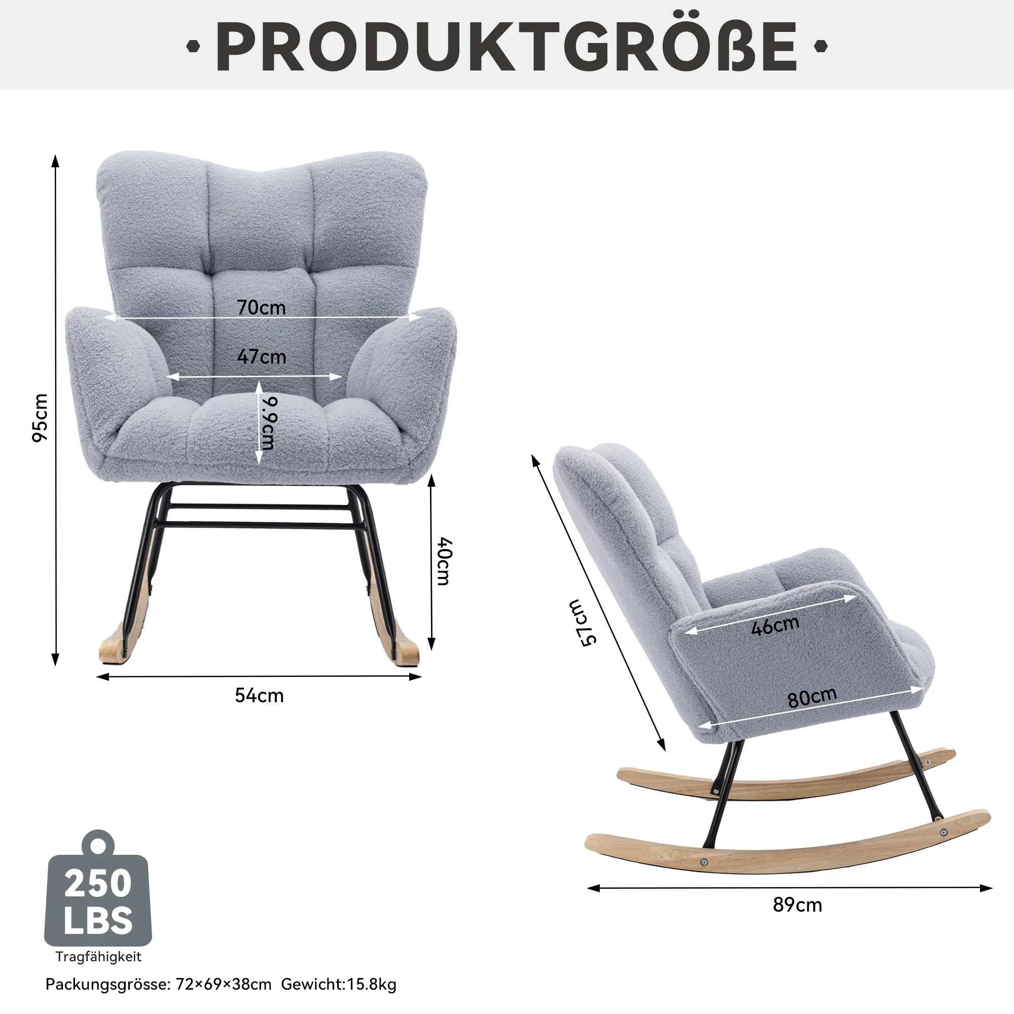 Mid century modern rocking chair with tufted cover and padded seat, light grey - Image 6