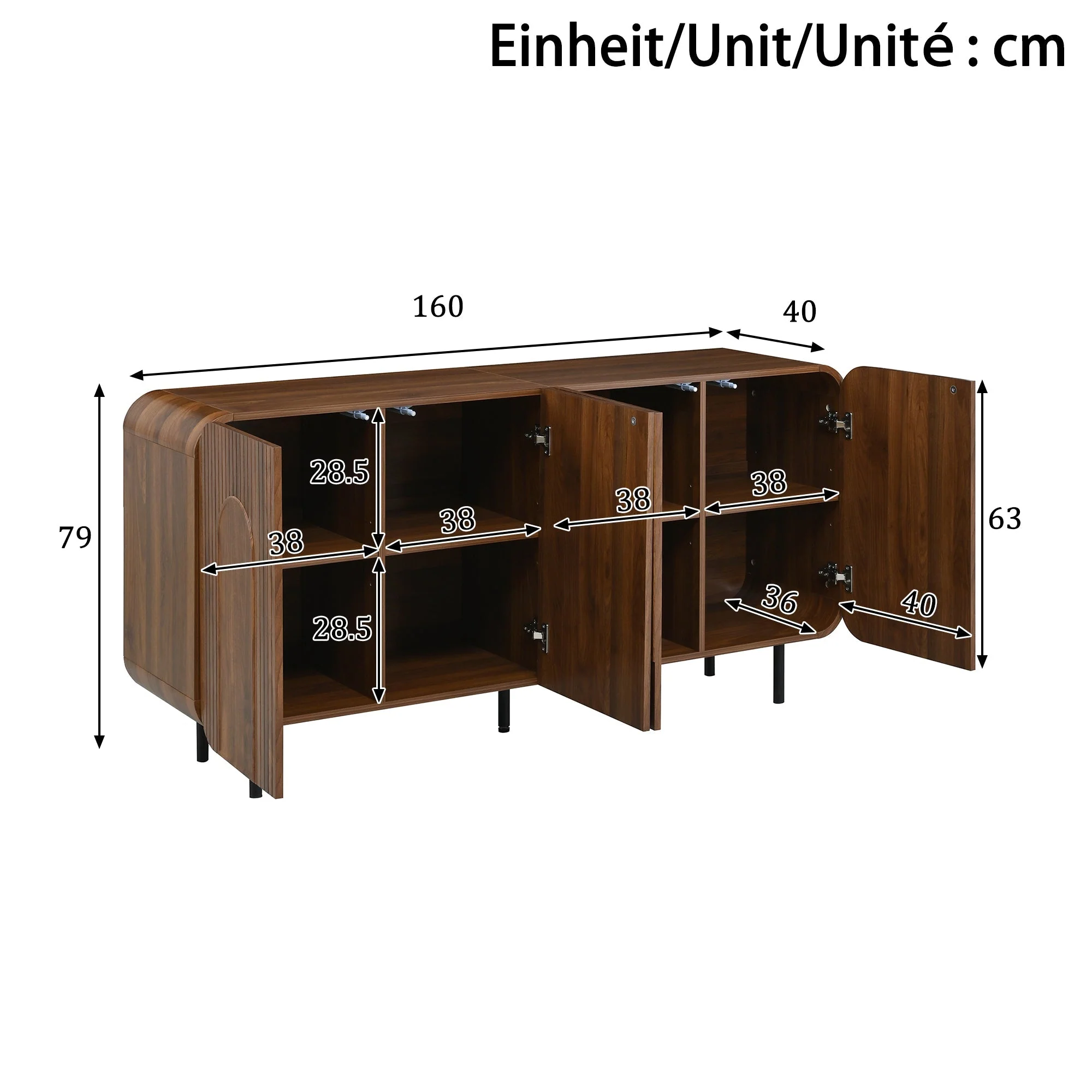 Mid-Century Sideboard with 4 Doors and 8 Compartments, Walnut Finish Wood and Metal - Image 5