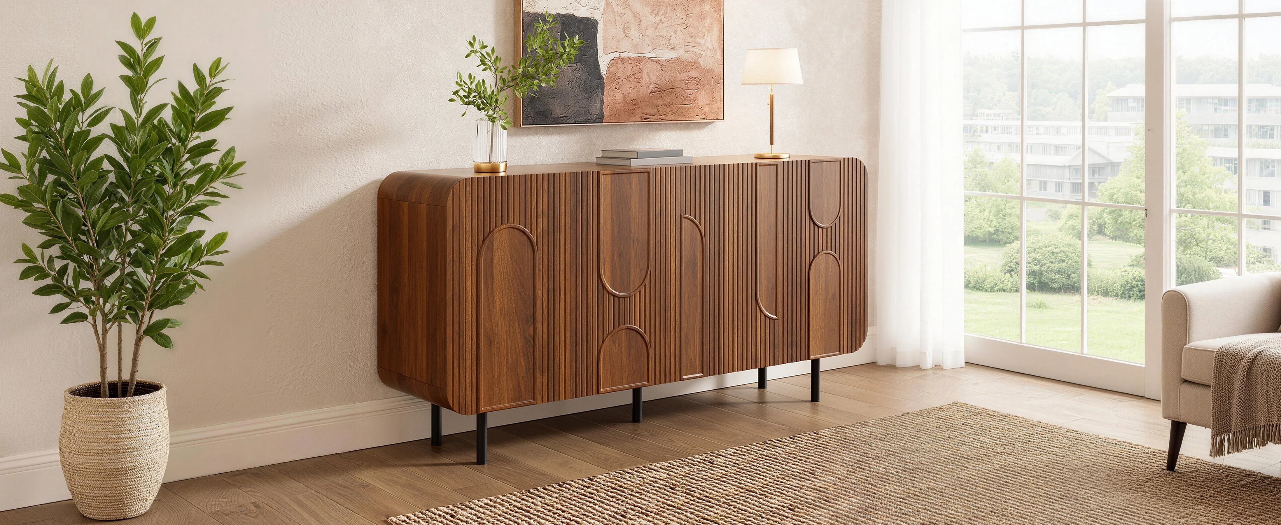 Mid-Century Sideboard with 4 Doors and 8 Compartments, Walnut Finish Wood and Metal - Image 7