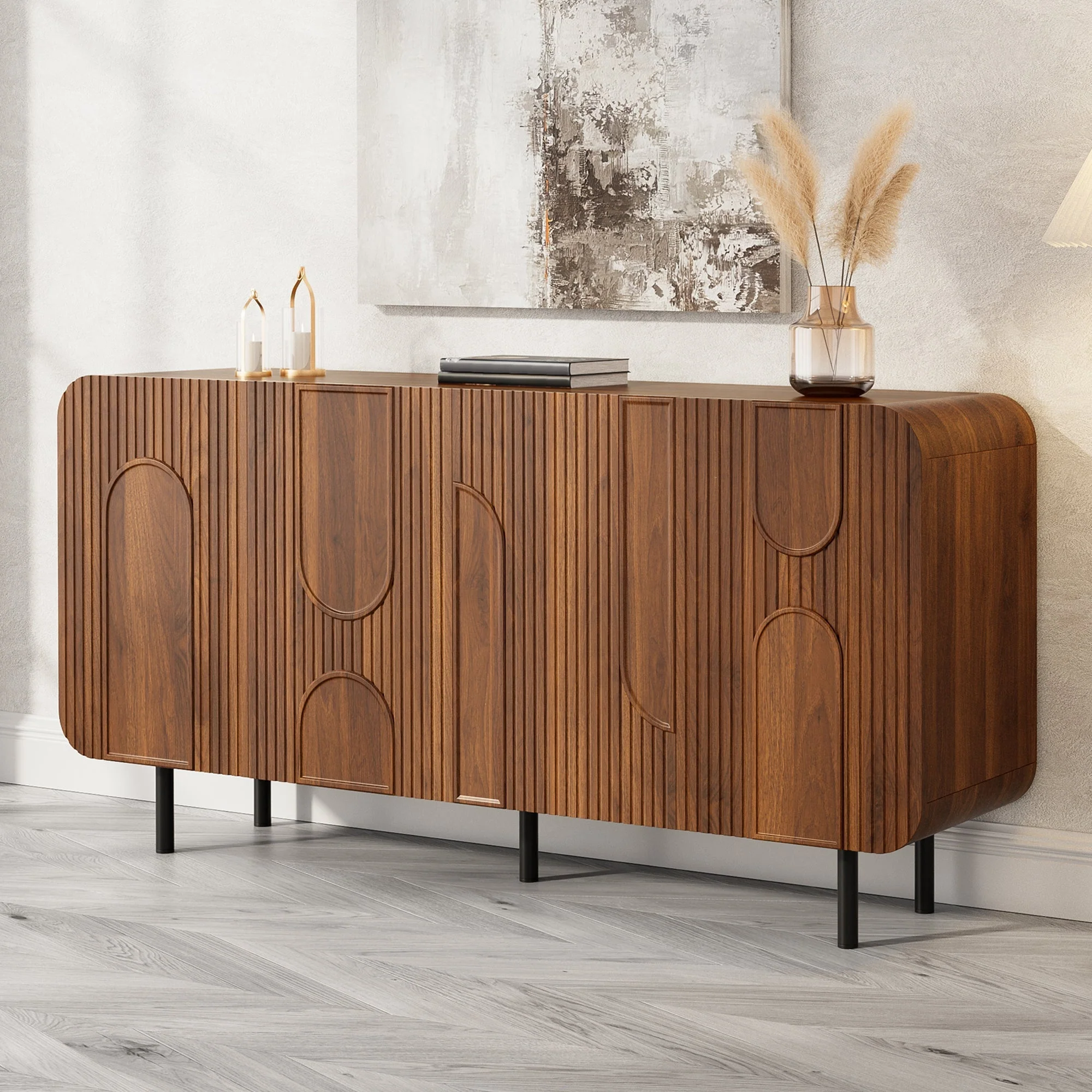 Mid-Century Sideboard with 4 Doors and 8 Compartments, Walnut Finish Wood and Metal - Image 9