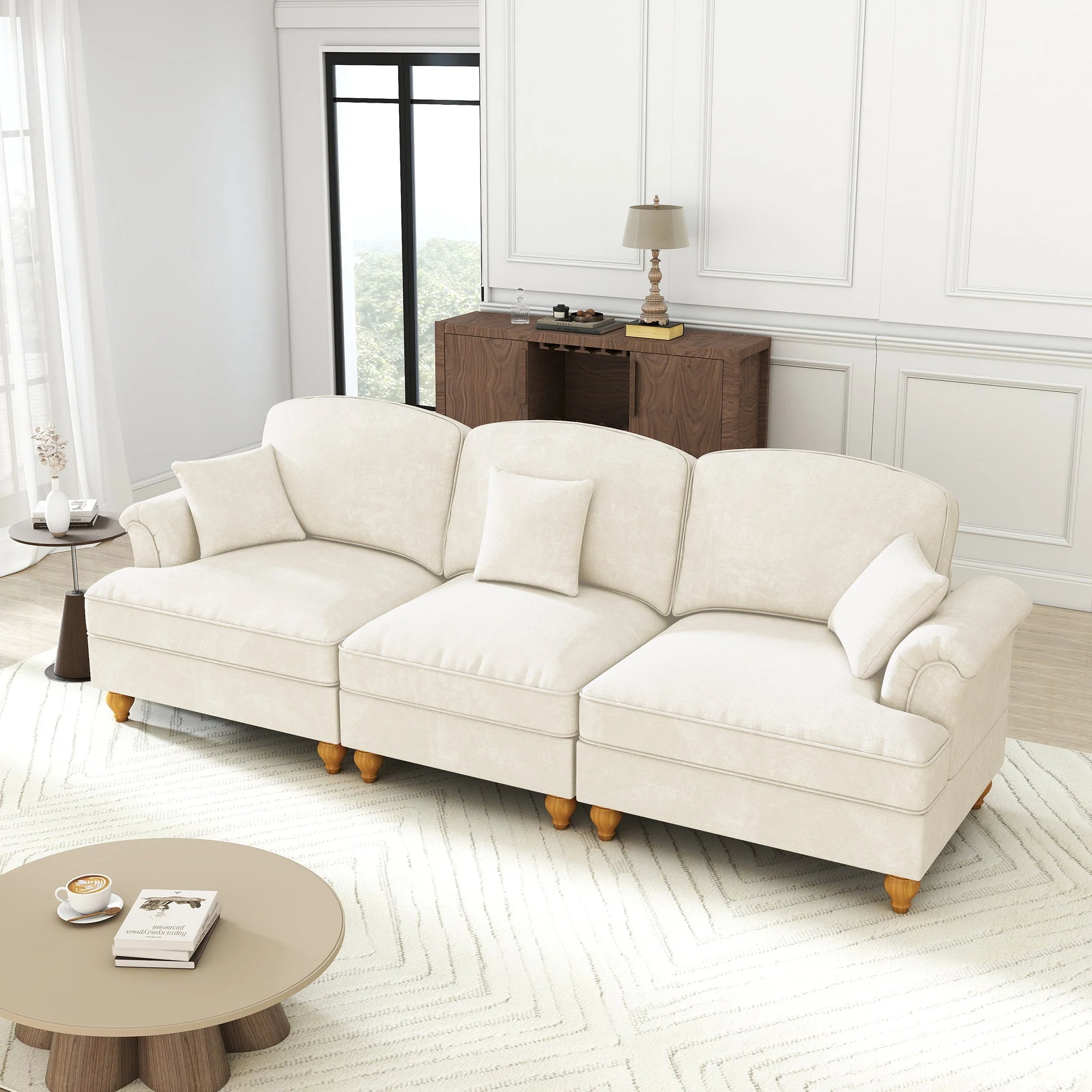 Mid-Century Sofa 3-Seater Funnel Armrests Ruffled Apron Chenille White - Image 5
