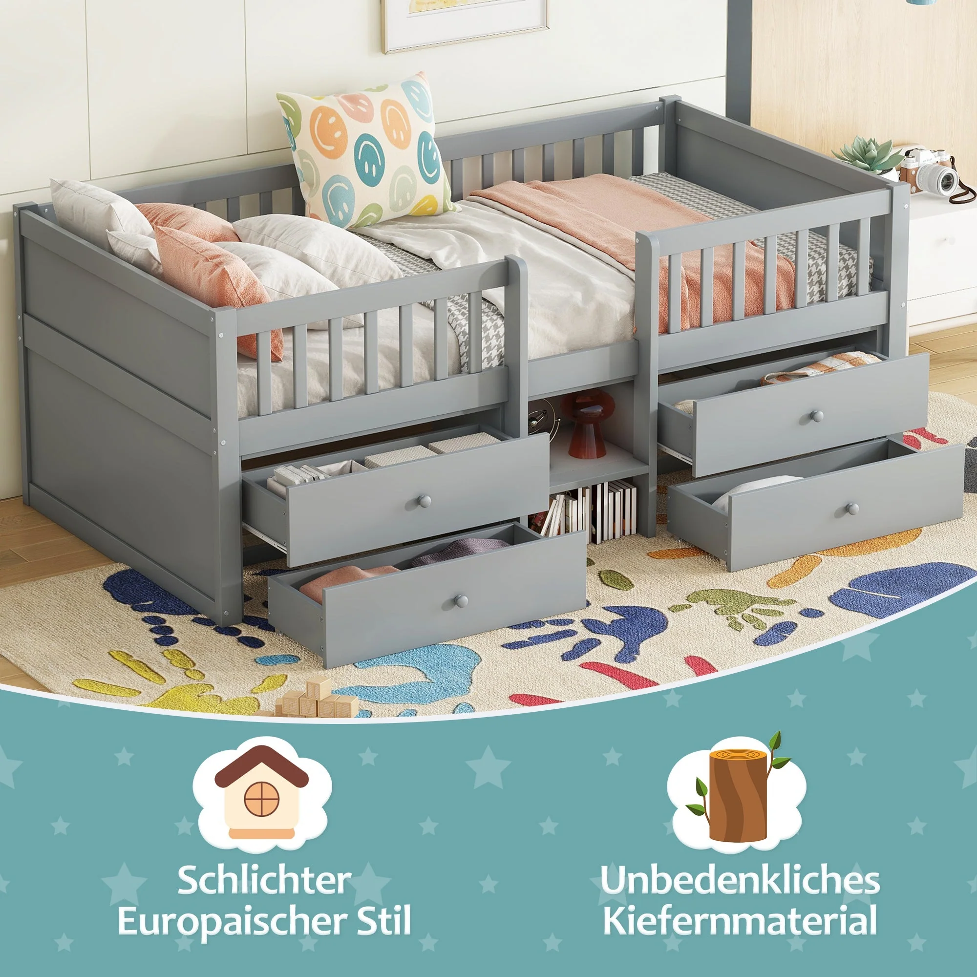Mid-height Bed 90x200cm 4 Drawers Ladder - Pine Wood Grey - Image 3