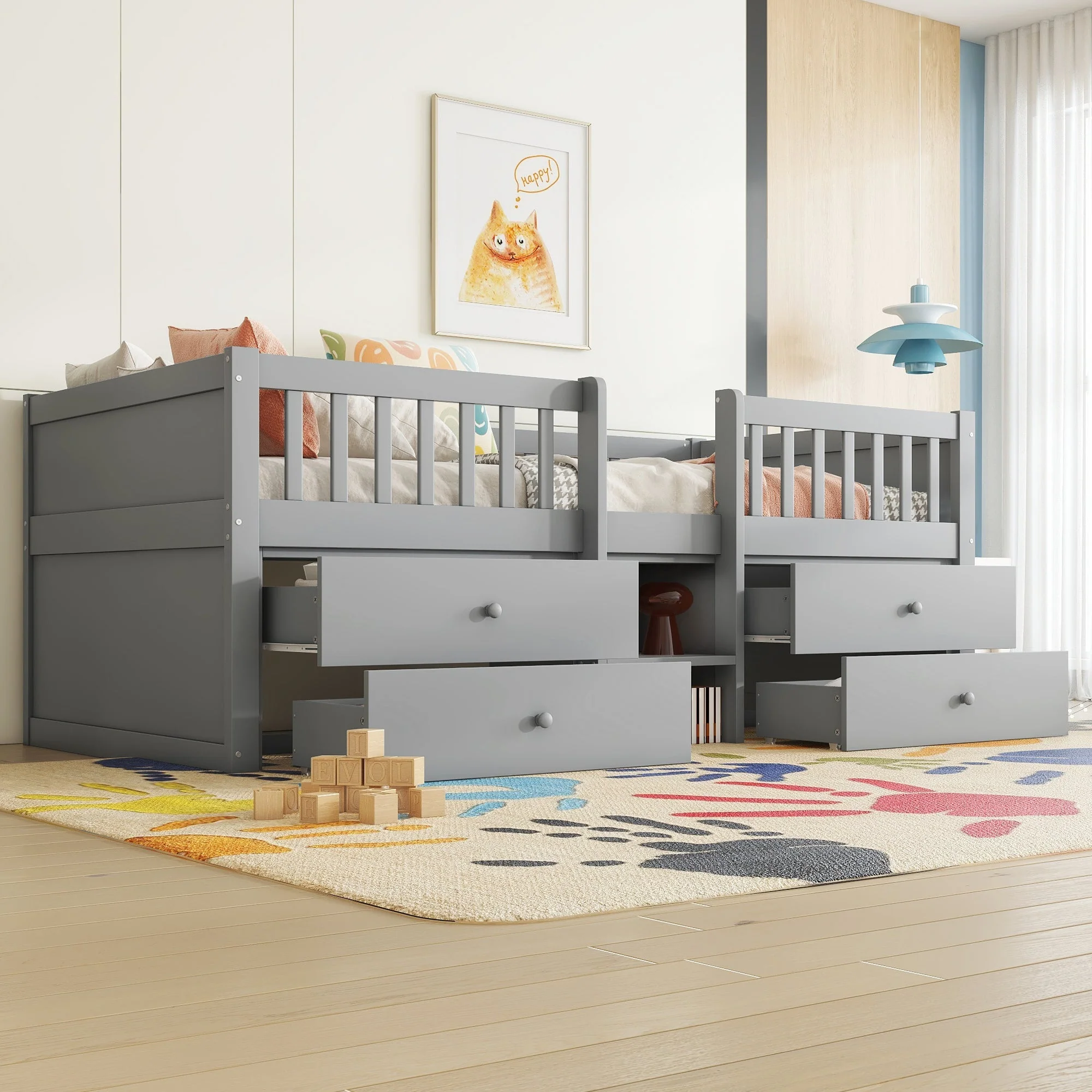 Mid-height Bed 90x200cm 4 Drawers Ladder - Pine Wood Grey - Image 5