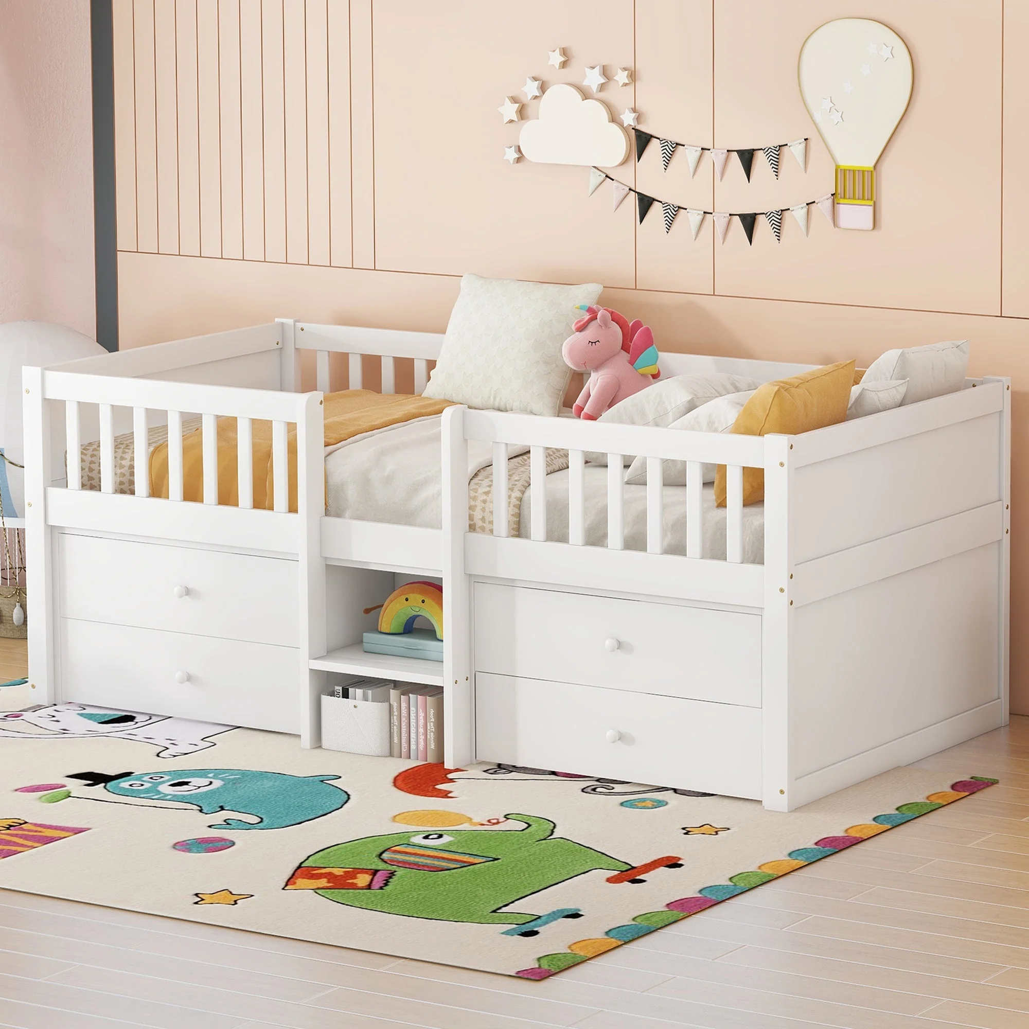 Mid-height Bed 90x200cm 4 Drawers Railing Ladder Pine Wood White - Image 5