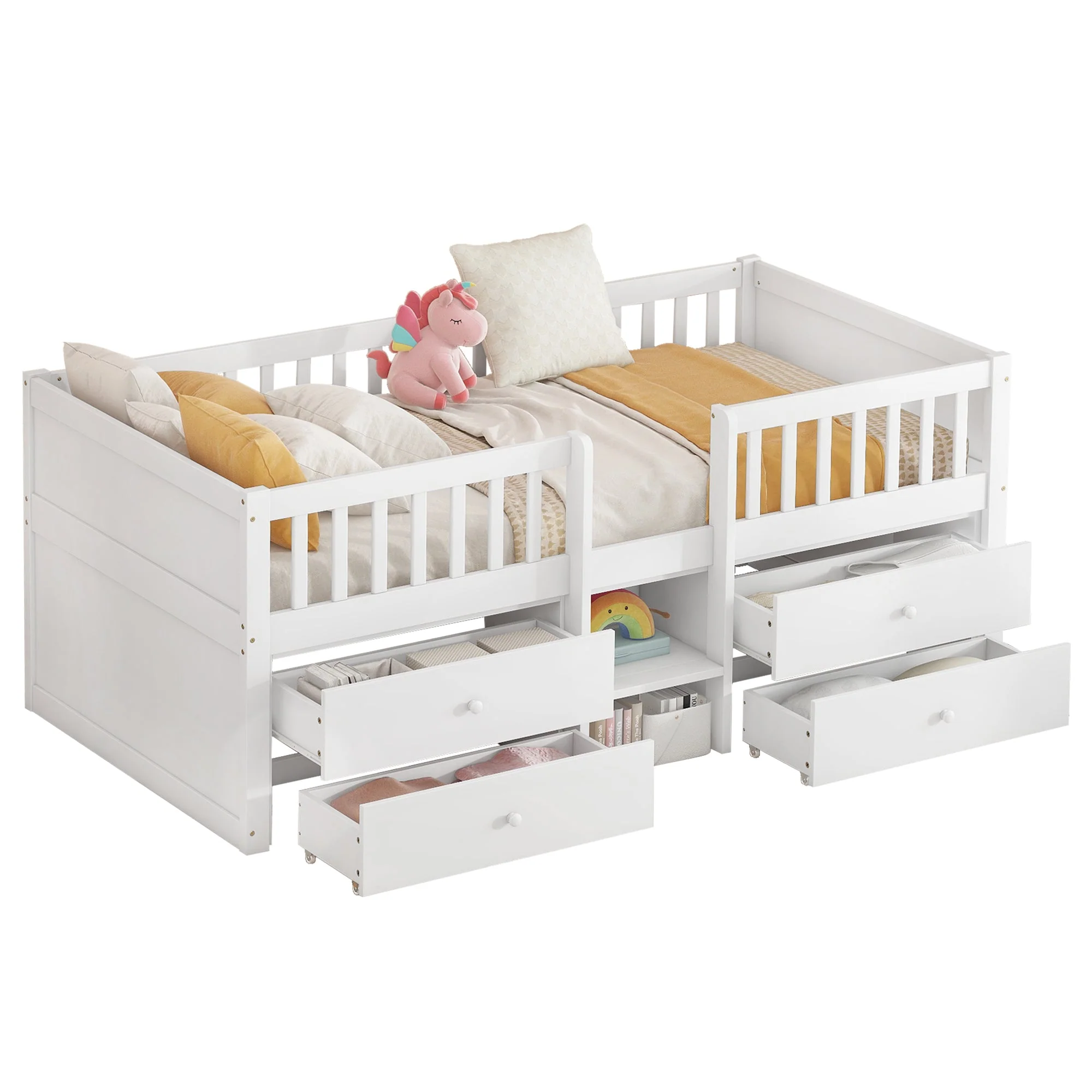 Mid-height Bed 90x200cm 4 Drawers Railing Ladder Pine Wood White - Image 8