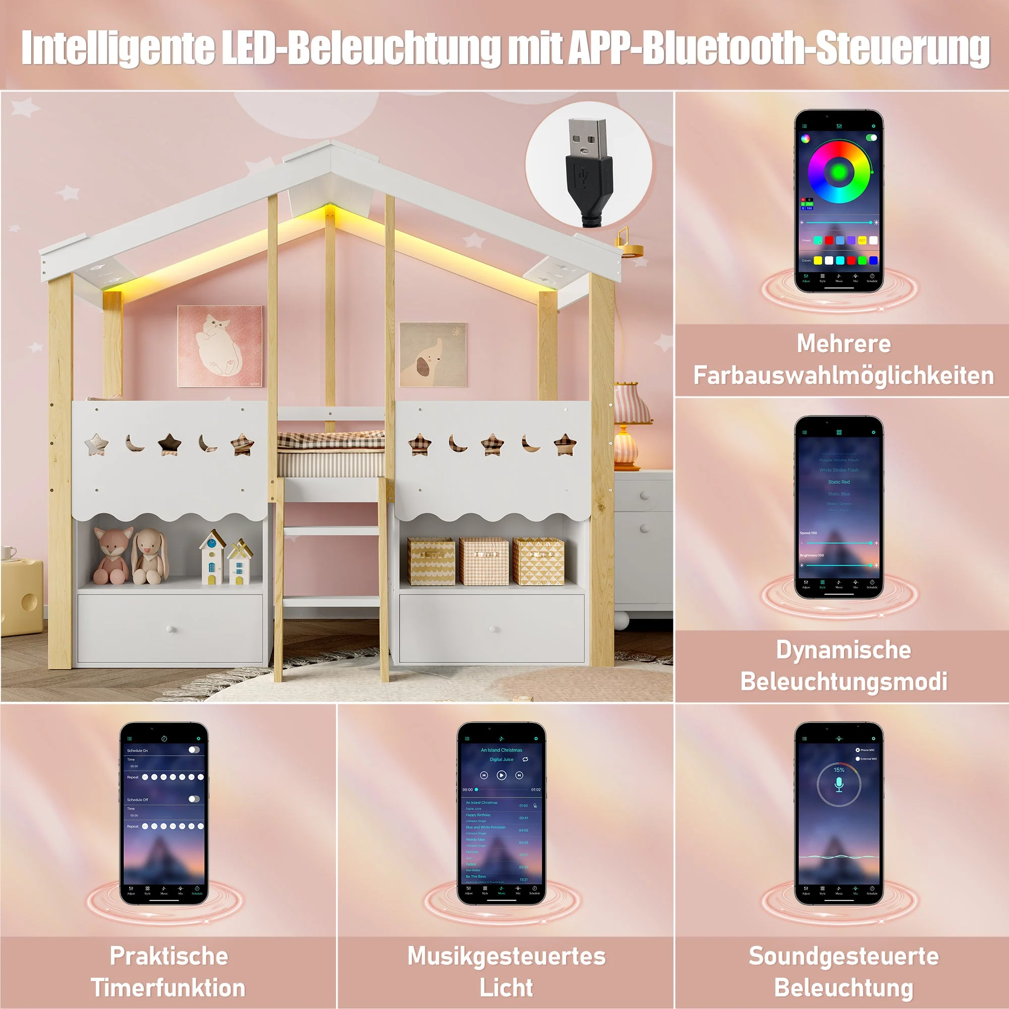Mid-height Bed 90x200cm House Shape 2 Drawers LED Light - White/Natural - Image 5