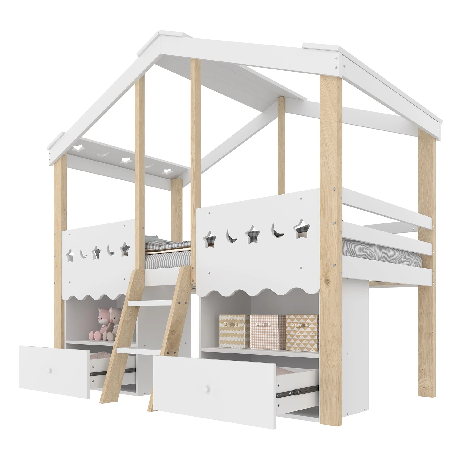 Mid-height Bed 90x200cm House Shape 2 Drawers LED Light - White/Natural - Image 7