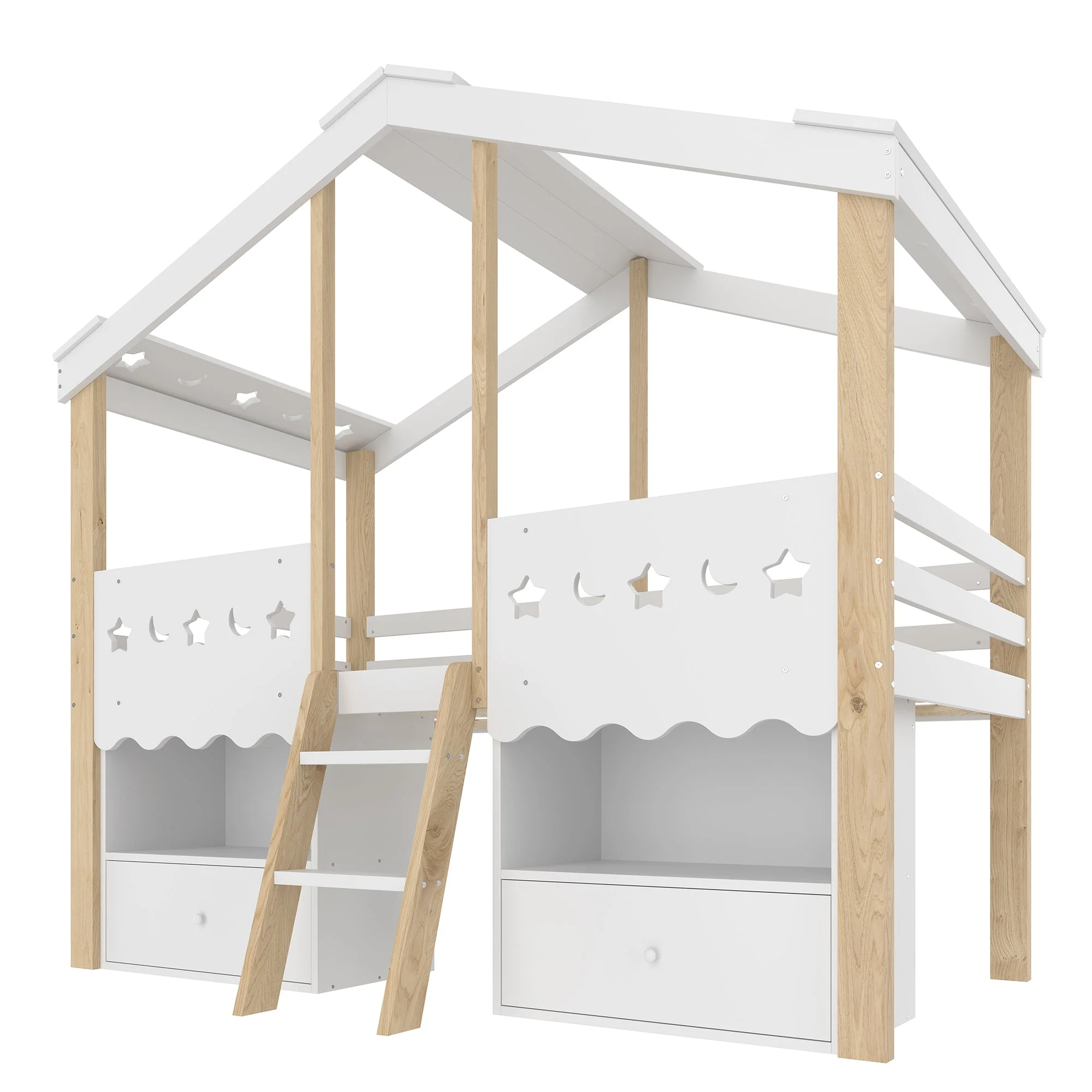 Mid-height Bed 90x200cm House Shape 2 Drawers LED Light - White/Natural - Image 9