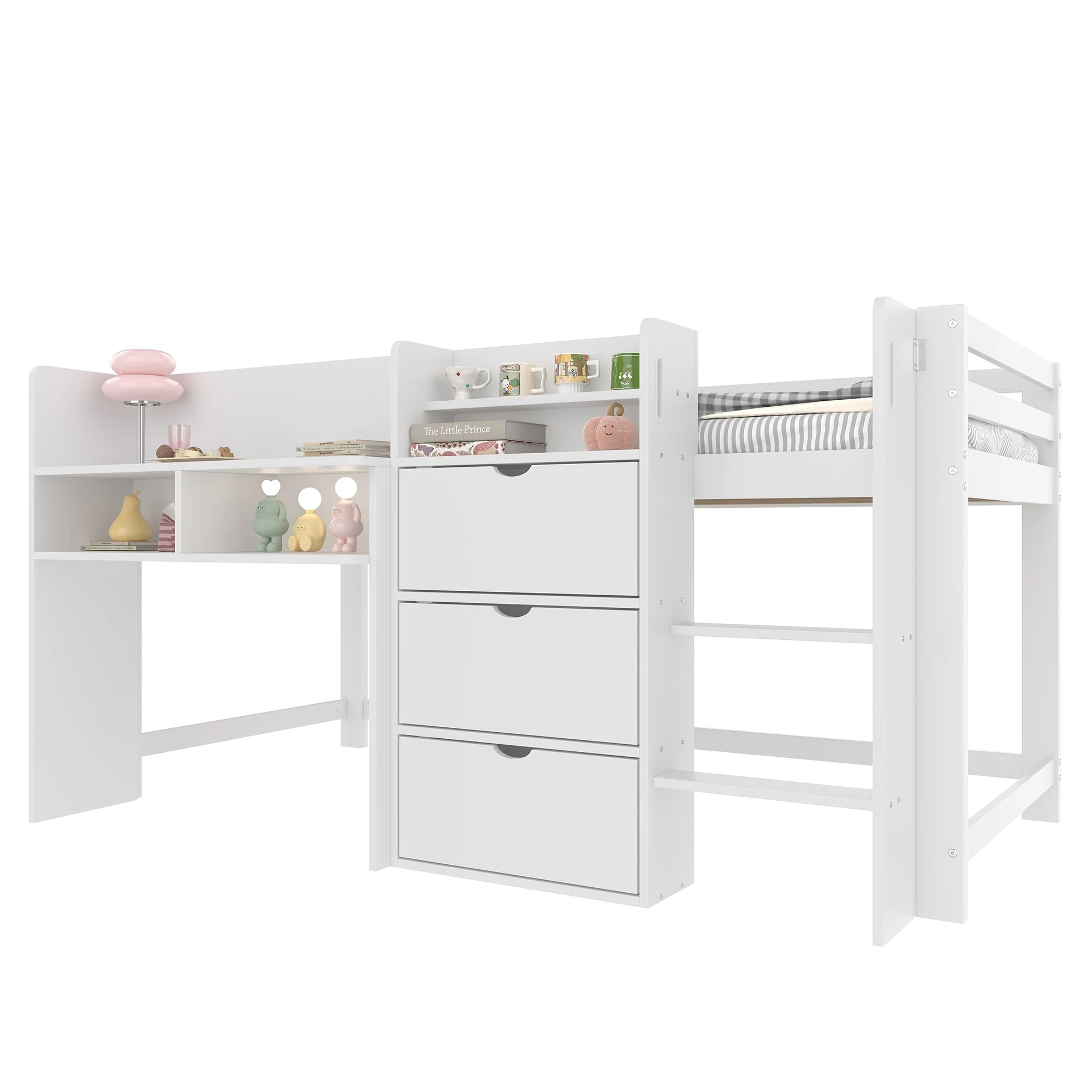 Mid-height Bed 90x200cm House Shape Storage Entertainment Area, White - Image 8