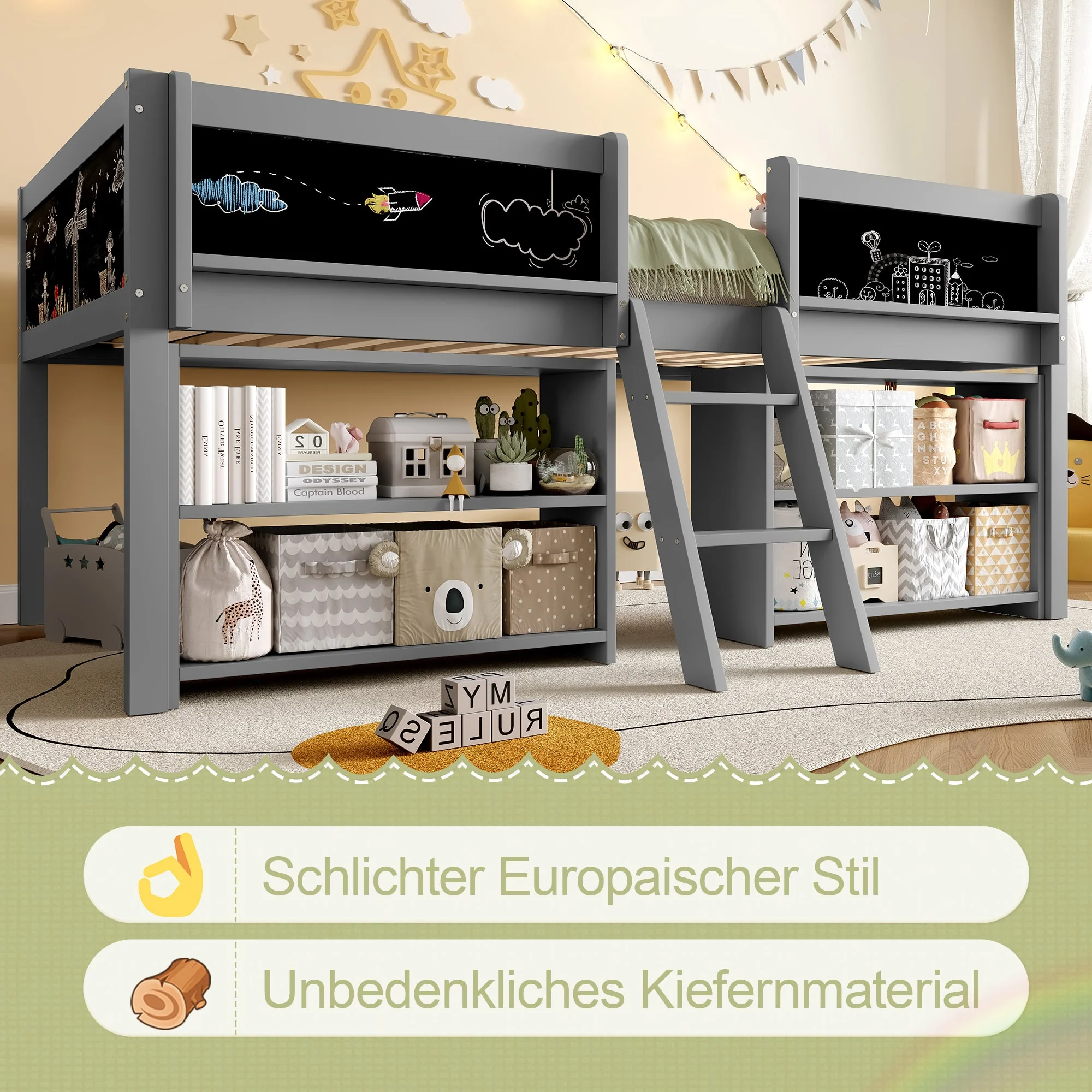Mid-height Bed 90x200cm Storage Shelves Railing Ladder Pine Wood, Grey - Image 6