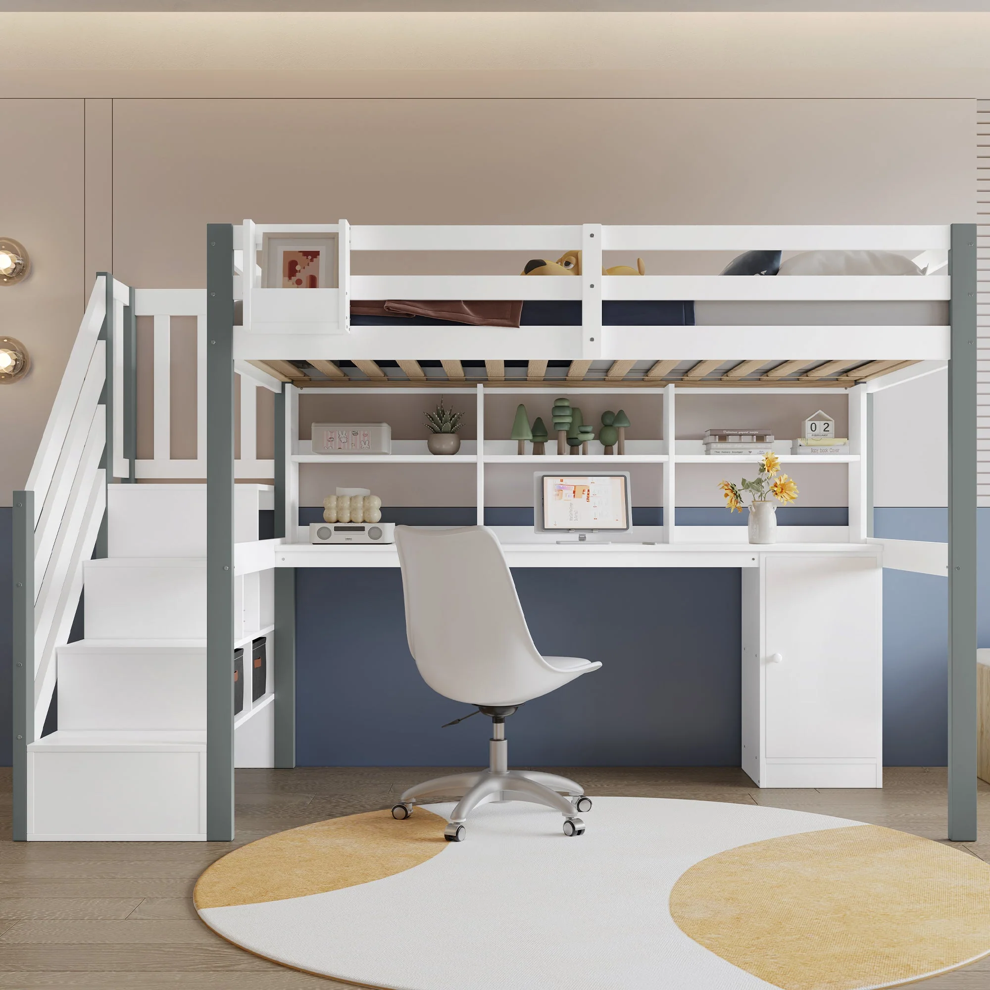 Mid-height bed, fabric storage box, side ladder, open shelf, desk and lockers, Pine+MDF, White+Grey - Image 2