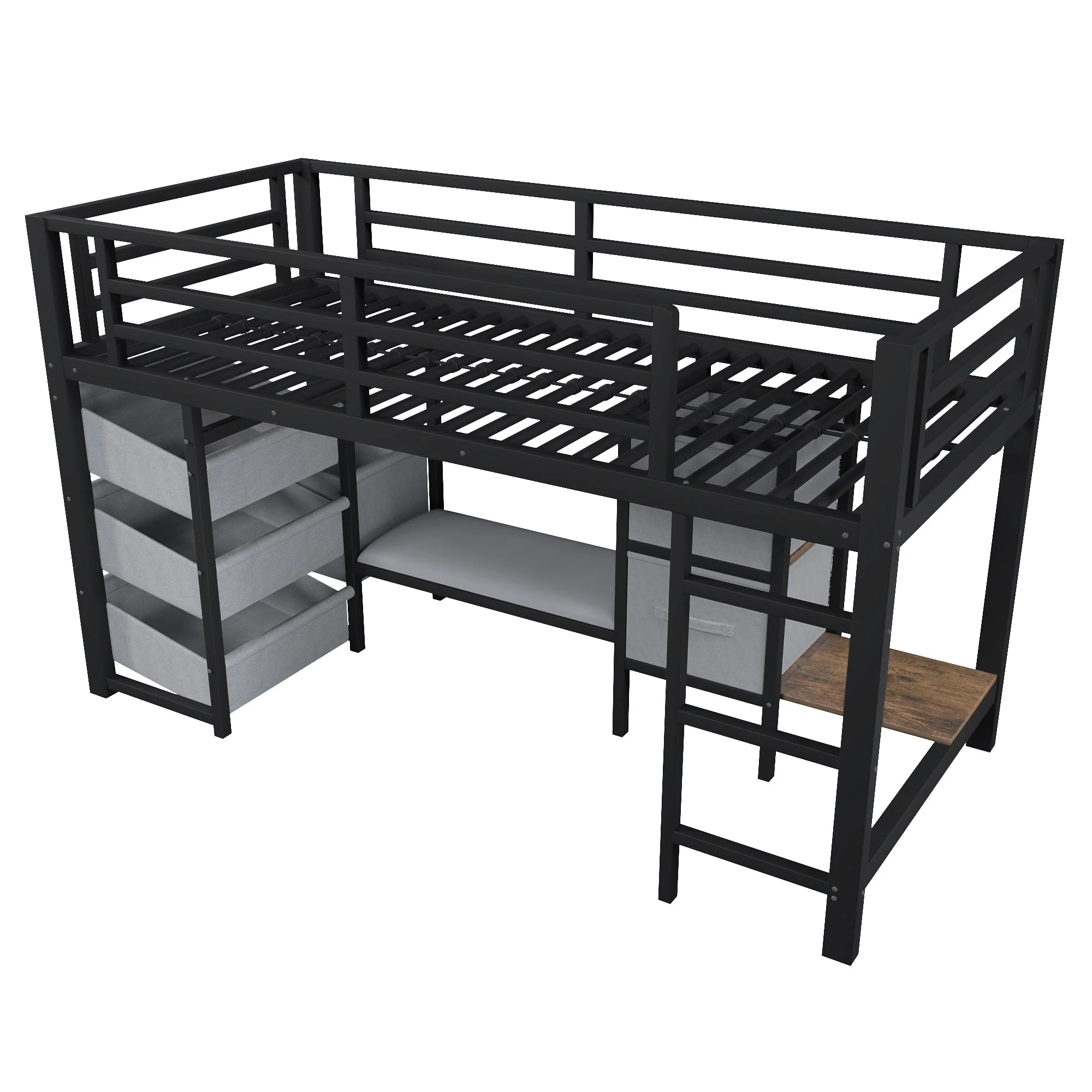 Mid-Height Bed with LED Lighting and Fabric Storage, 90x200 cm, Black Metal - Image 10