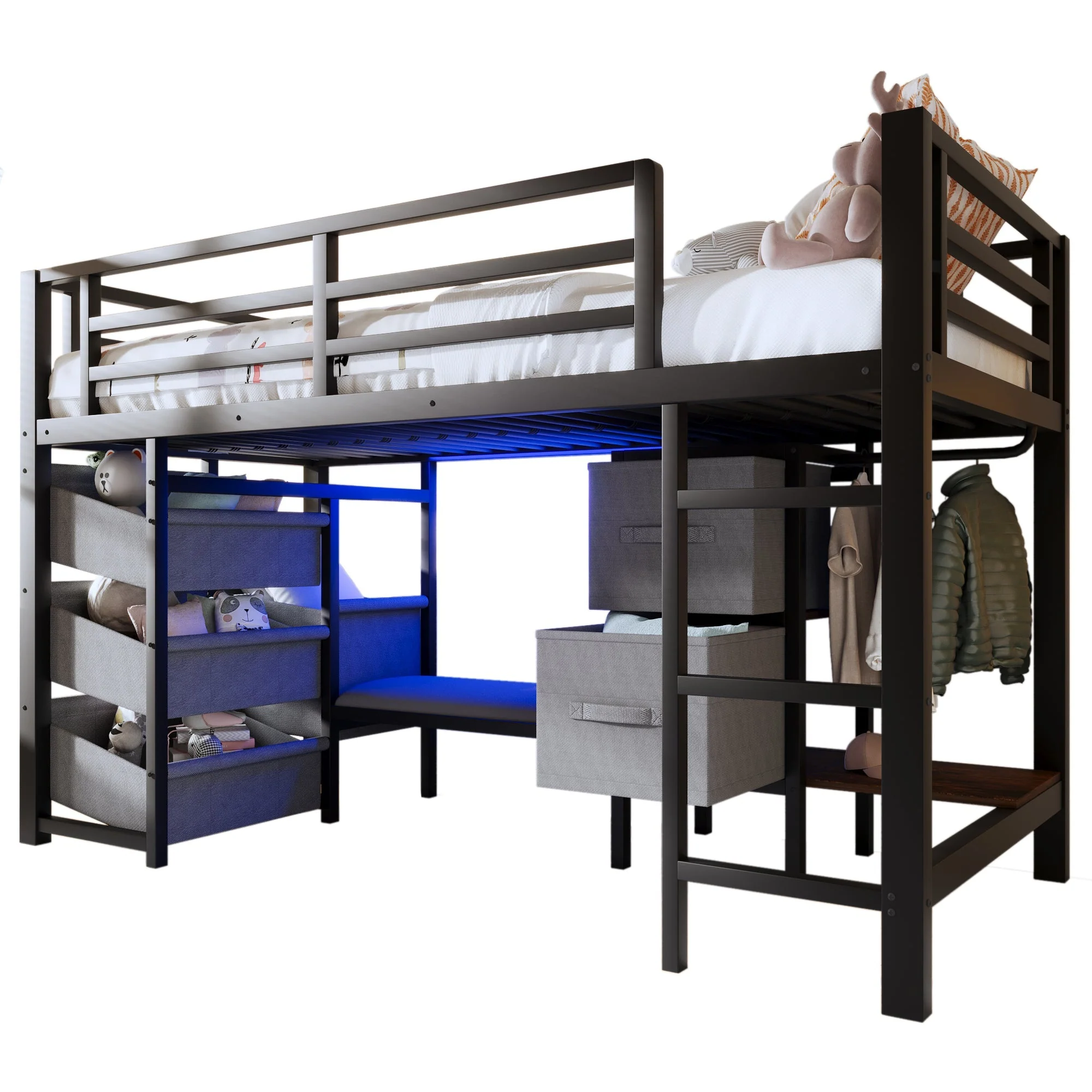 Mid-Height Bed with LED Lighting and Fabric Storage, 90x200 cm, Black Metal - Image 7