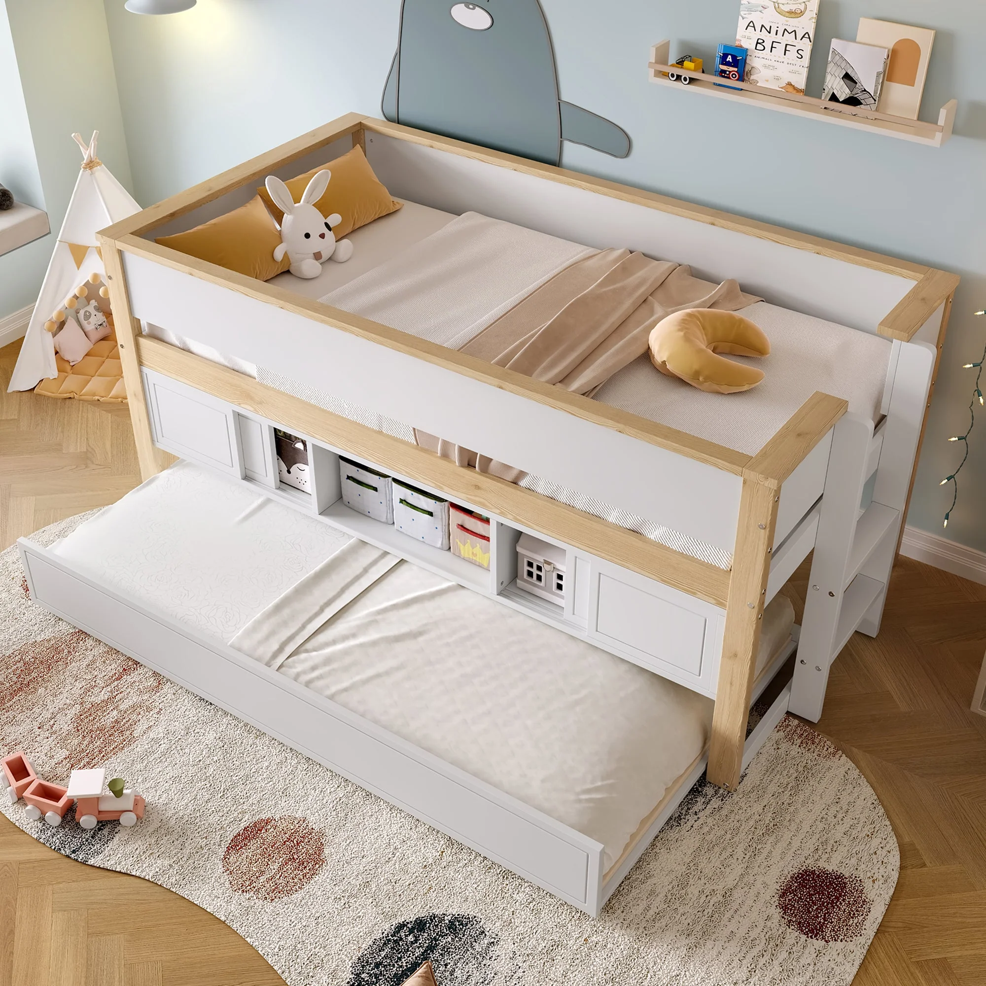 Mid-height Bed with Pull-Out Bed Storage 90x200cm, White + Natural - Image 2