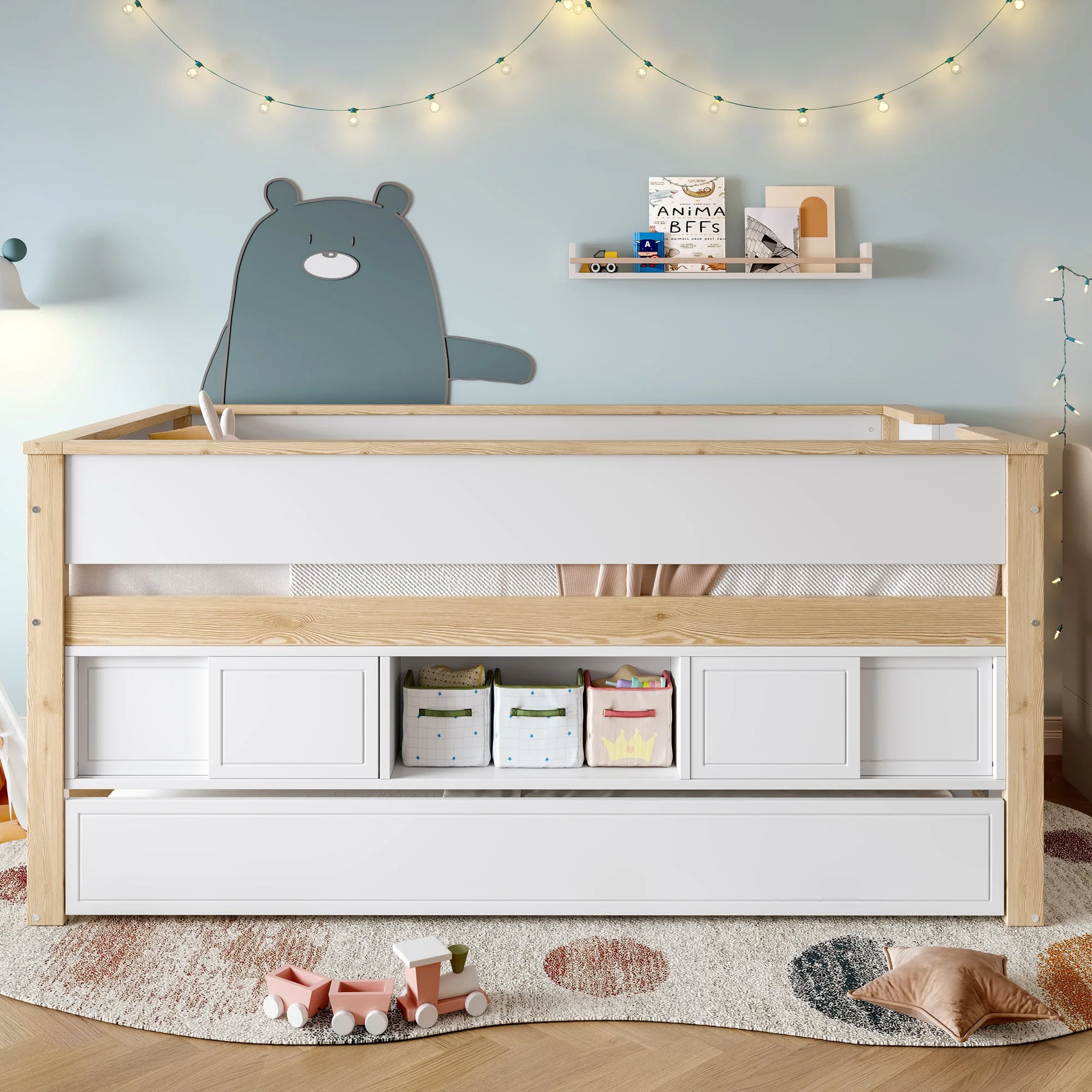 Mid-height Bed with Pull-Out Bed Storage 90x200cm, White + Natural - Image 4