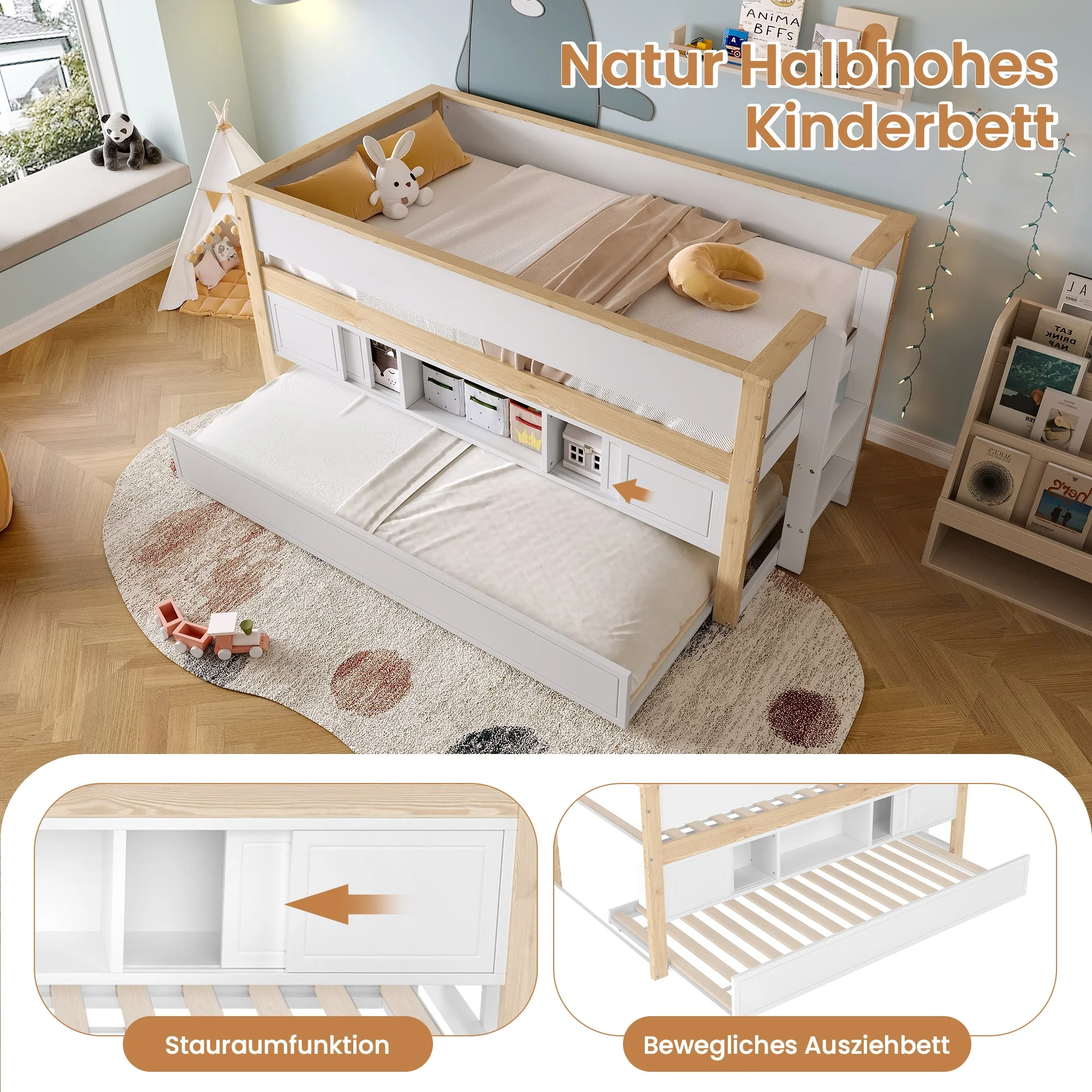 Mid-height Bed with Pull-Out Bed Storage 90x200cm, White + Natural - Image 5