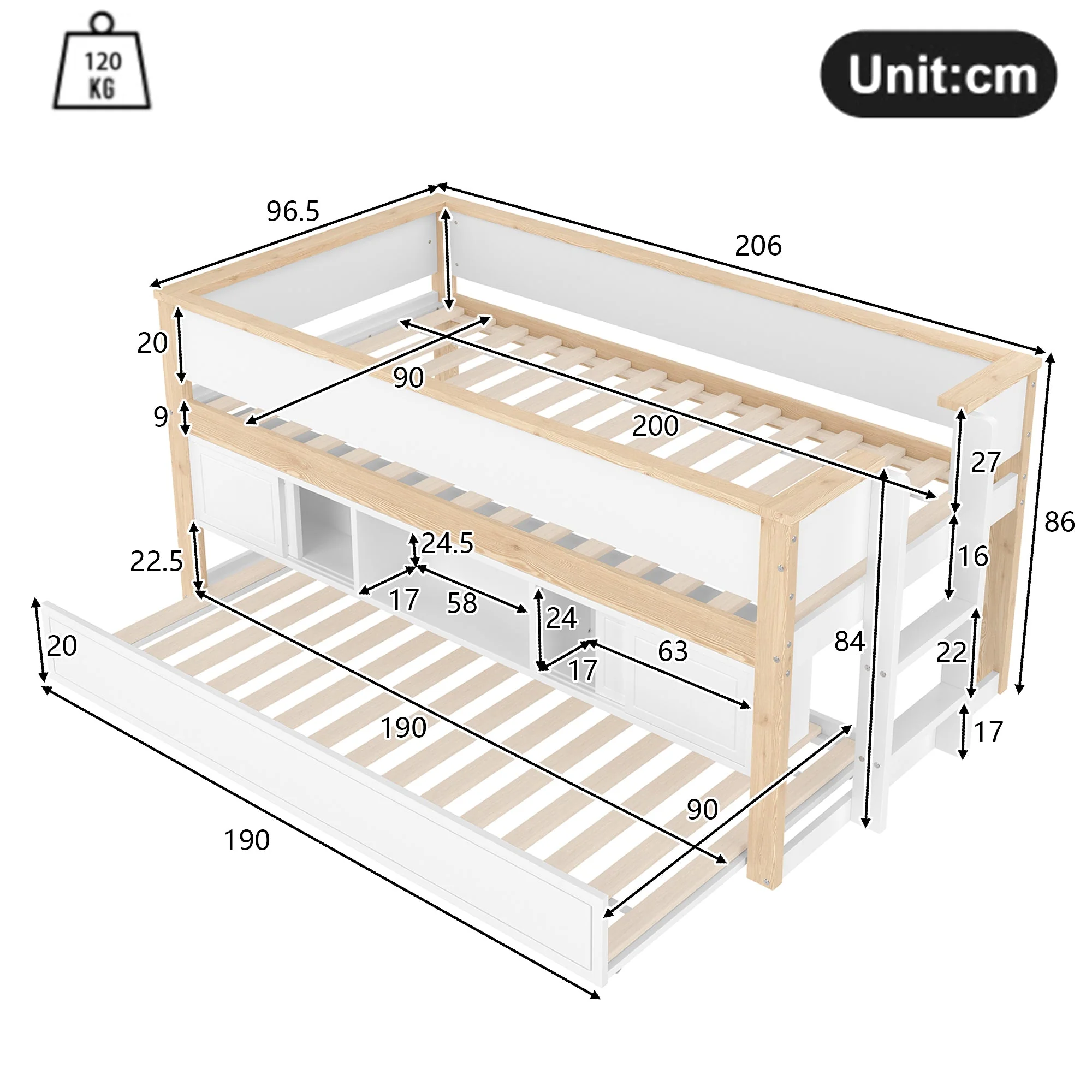 Mid-height Bed with Pull-Out Bed Storage 90x200cm, White + Natural - Image 6