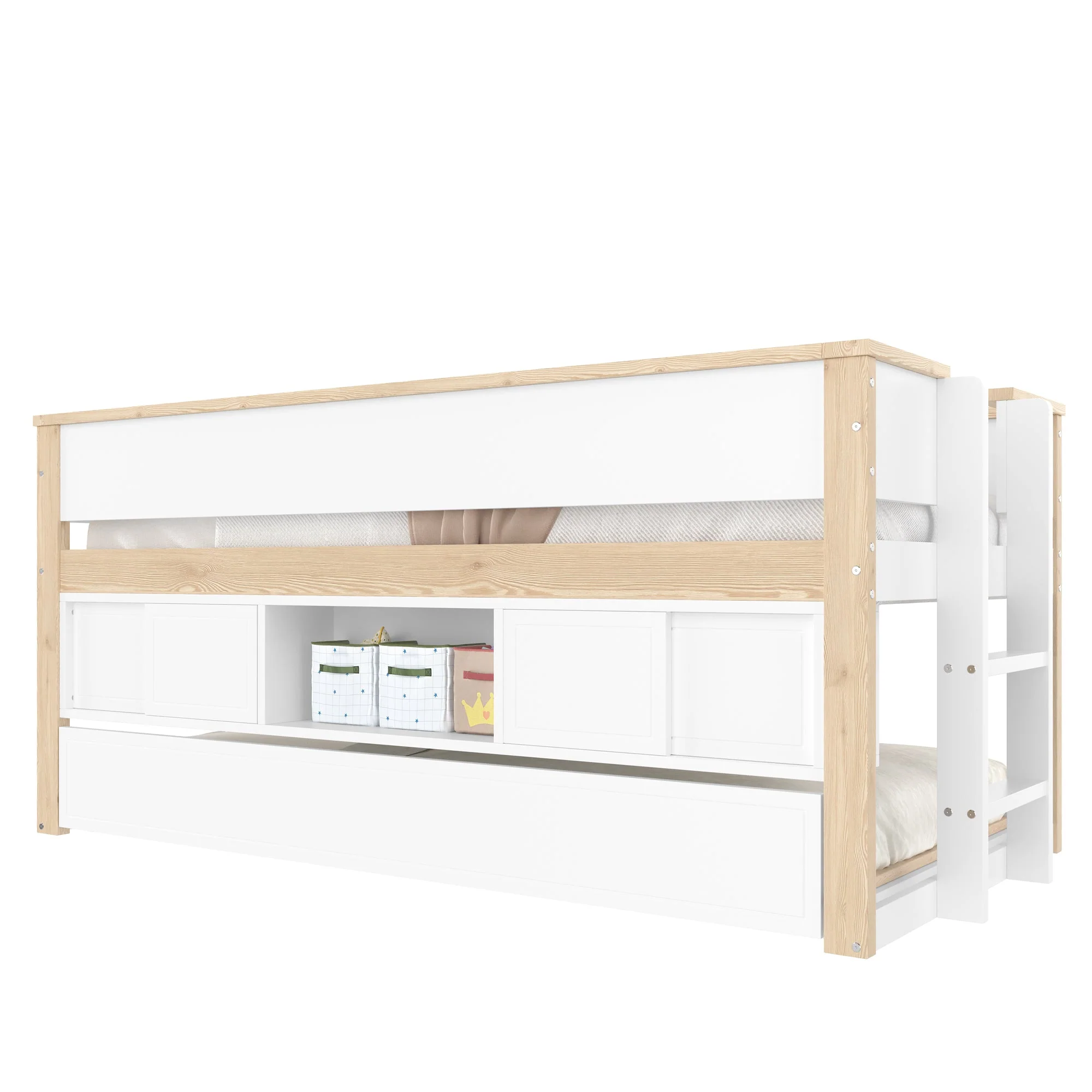 Mid-height Bed with Pull-Out Bed Storage 90x200cm, White + Natural - Image 7