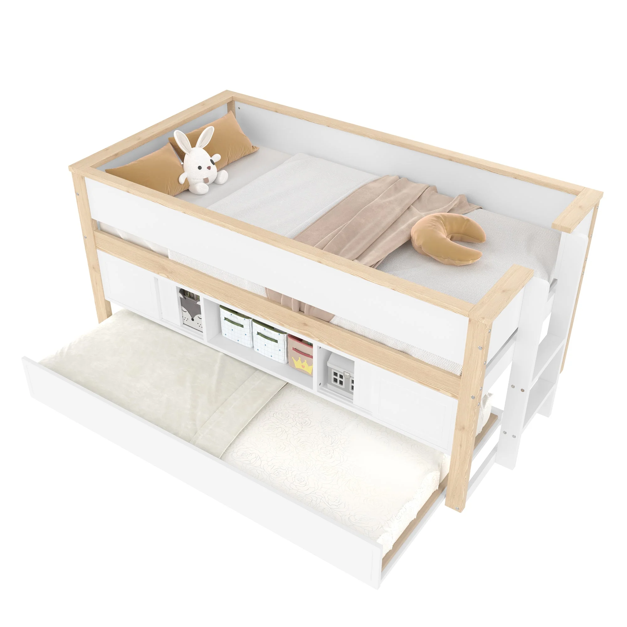 Mid-height Bed with Pull-Out Bed Storage 90x200cm, White + Natural - Image 8