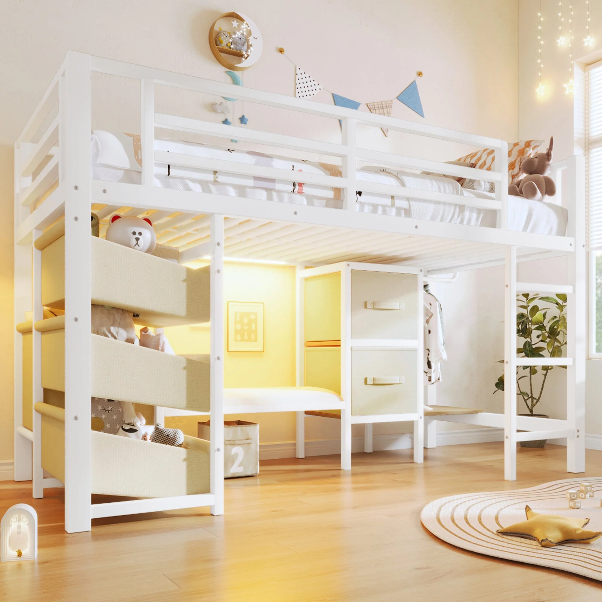 Mid-Height Bed with Storage Drawer and LED Lighting, 90x200 cm, Metal, White - Image 4