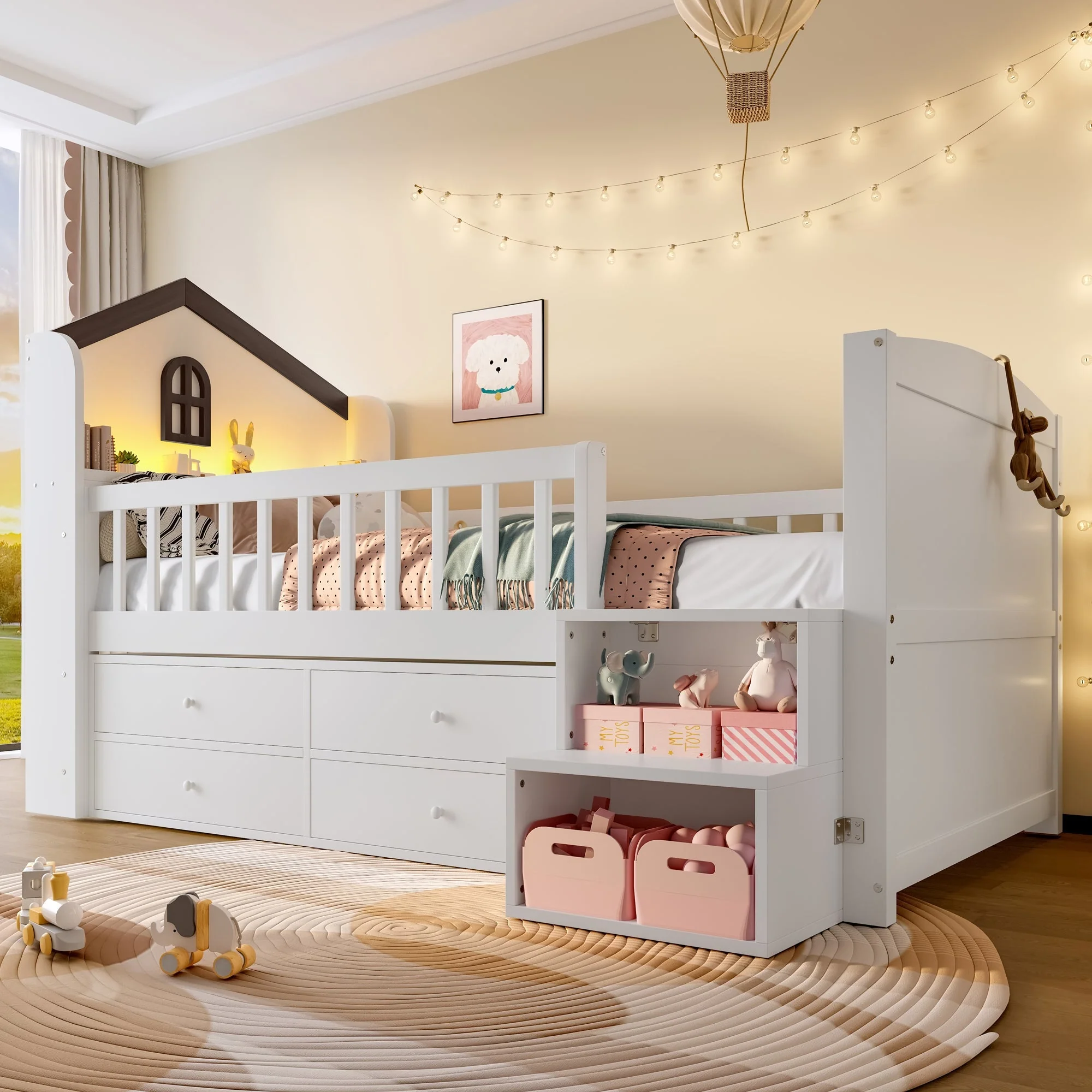 Mid-Height House Bed with Window, 4 Drawers and LED Light Strip, White
