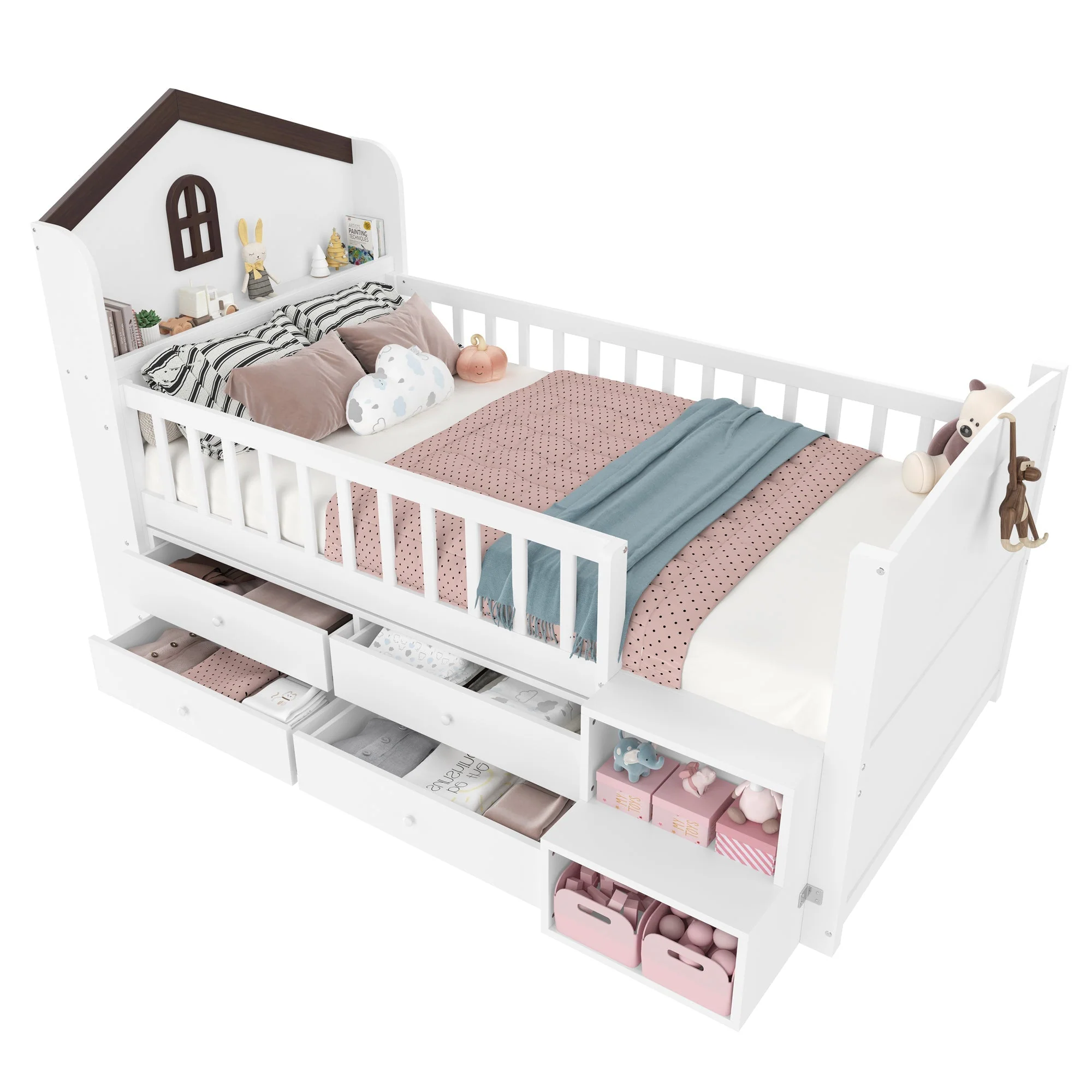 Mid-Height House Bed with Window, 4 Drawers and LED Light Strip, White - Image 8