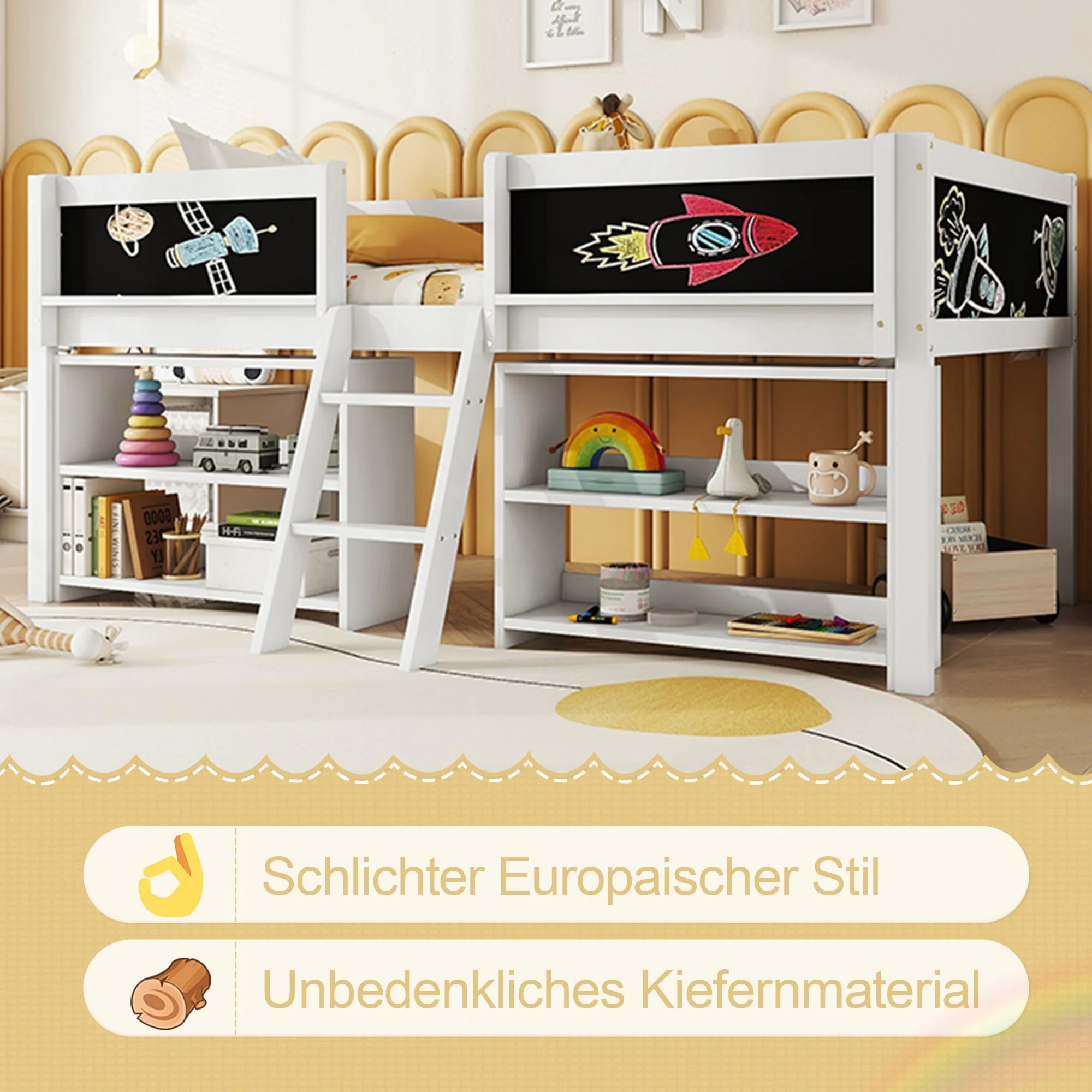 Mid-Sleeper Bed with Storage Shelves and Ladder, 90x200cm, White Pine Wood - Image 2