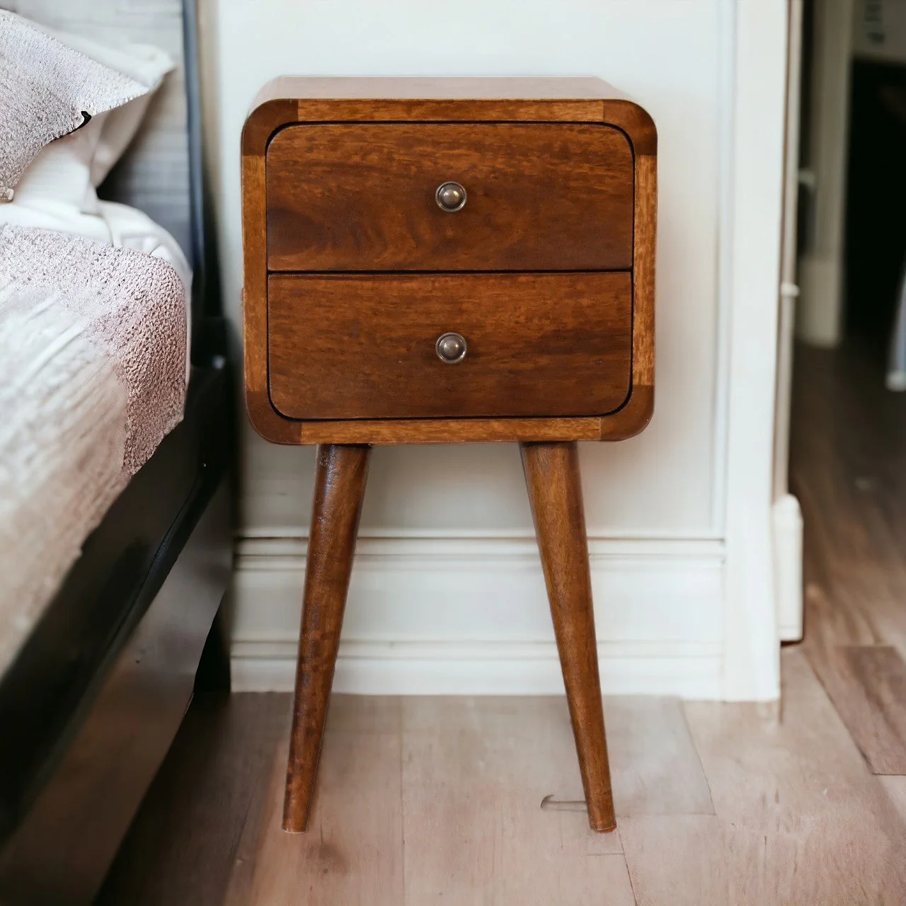 Mini Chestnut Curved Bedside, 2 Drawers, Solid Wood Dark Brown